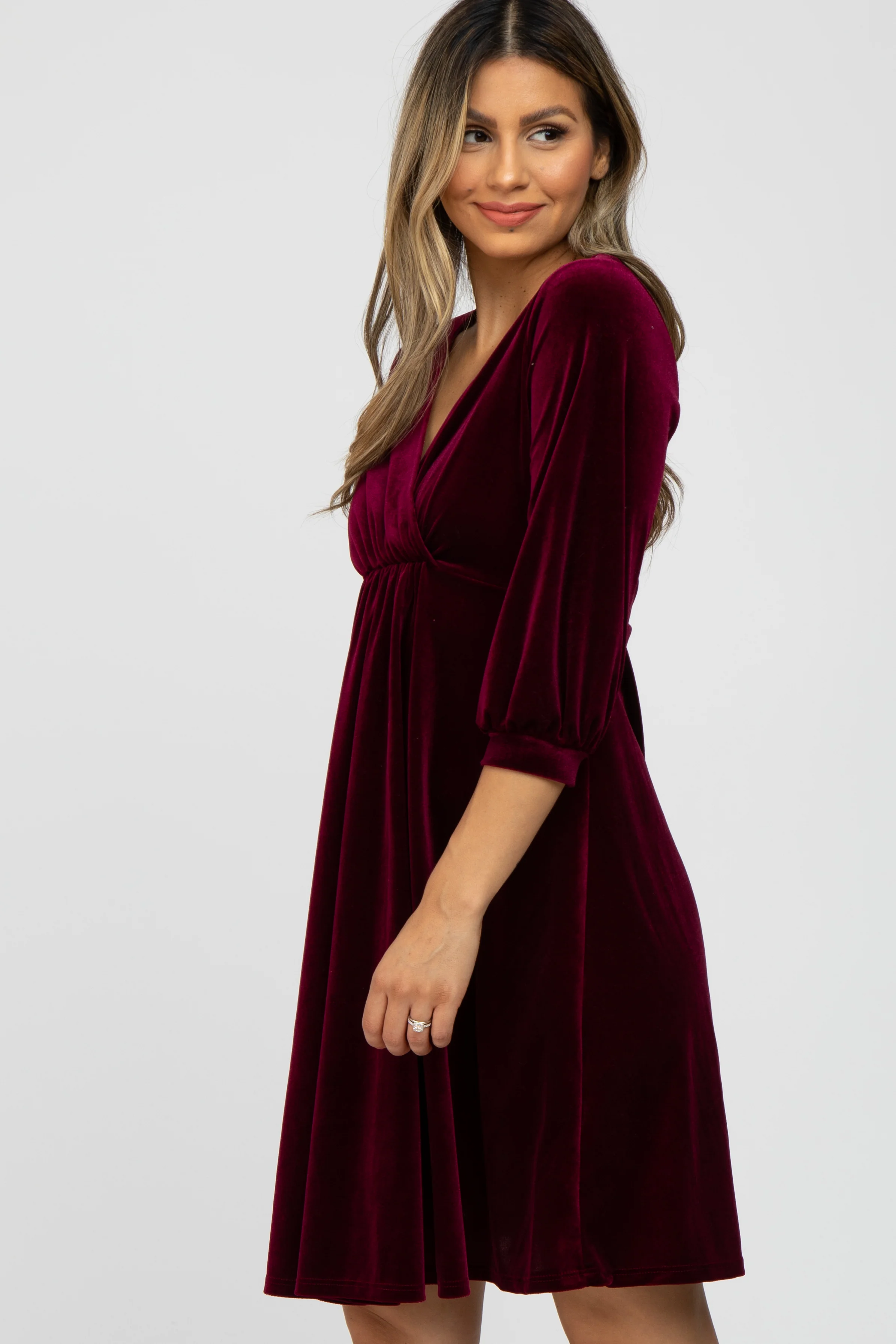 Burgundy Velvet Wrap Front Babydoll Dress - Image 3