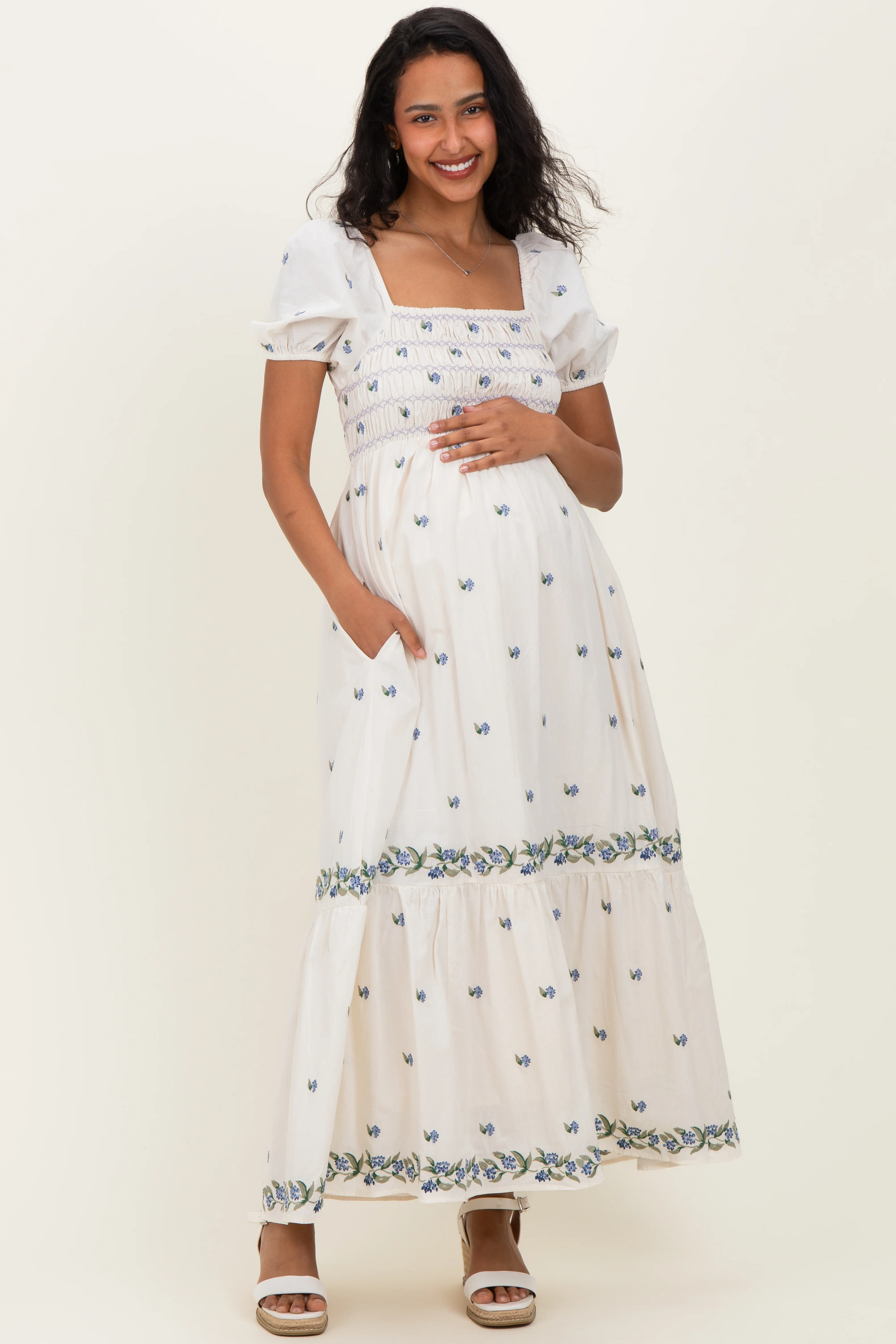 Buttercream Smocked Embroidered Floral Maternity Maxi Dress - Image 2