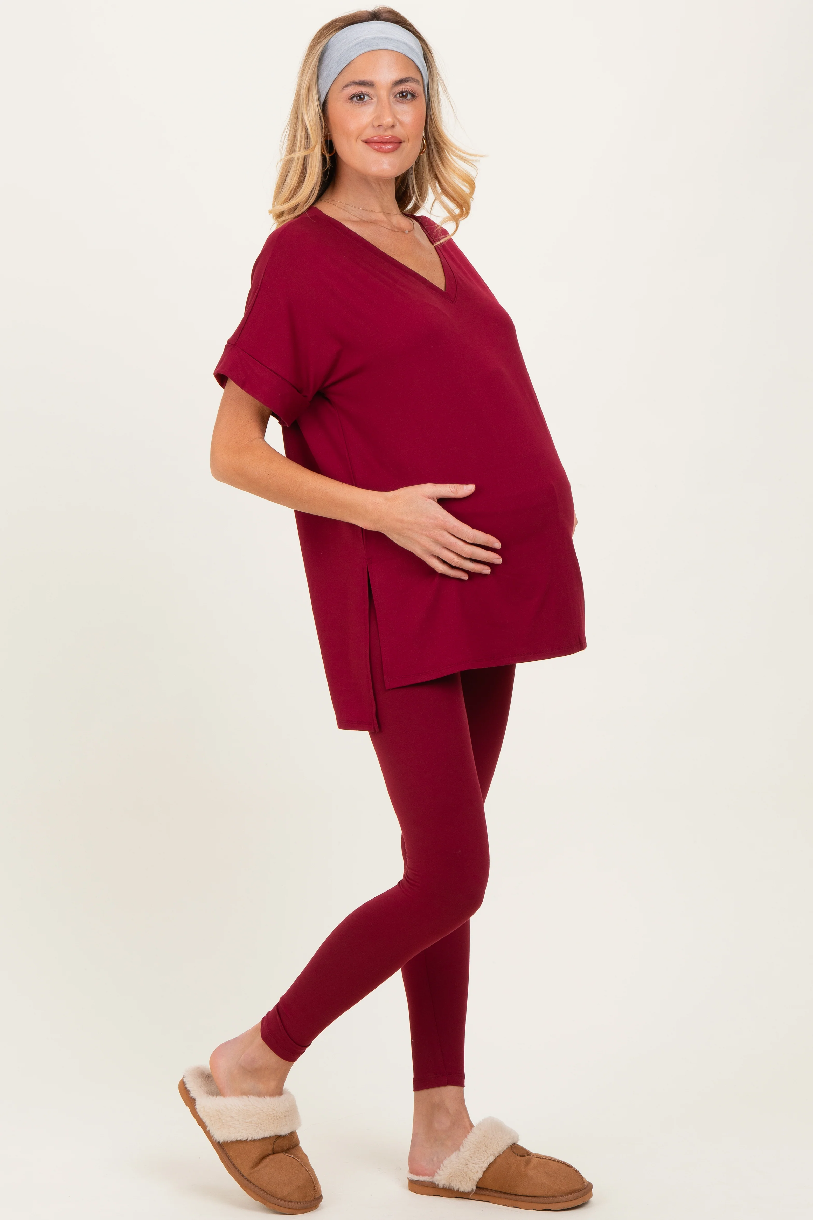 Cabernet Oversized V-Neck Tee Legging Maternity Lounge Set - Image 3