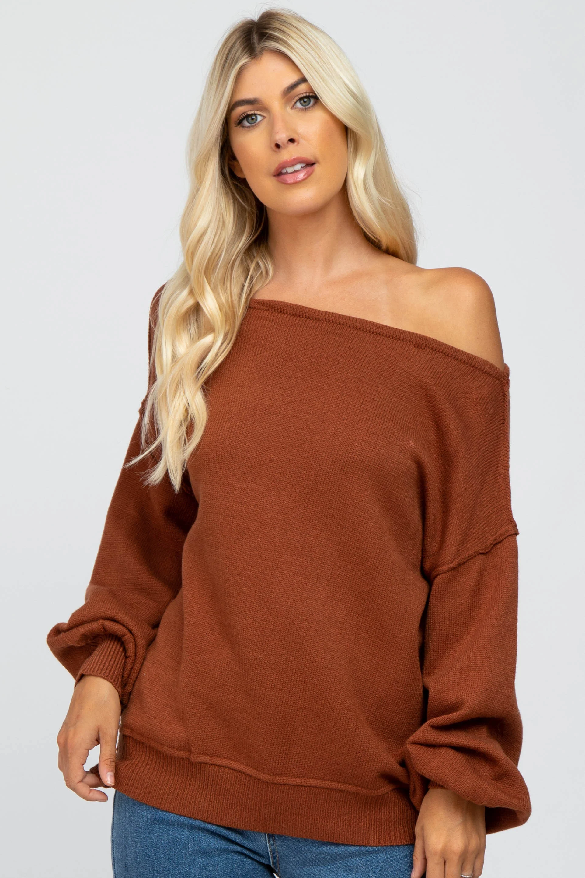 Camel Boat Neck Bubble Sleeve Maternity Sweater - Image 6