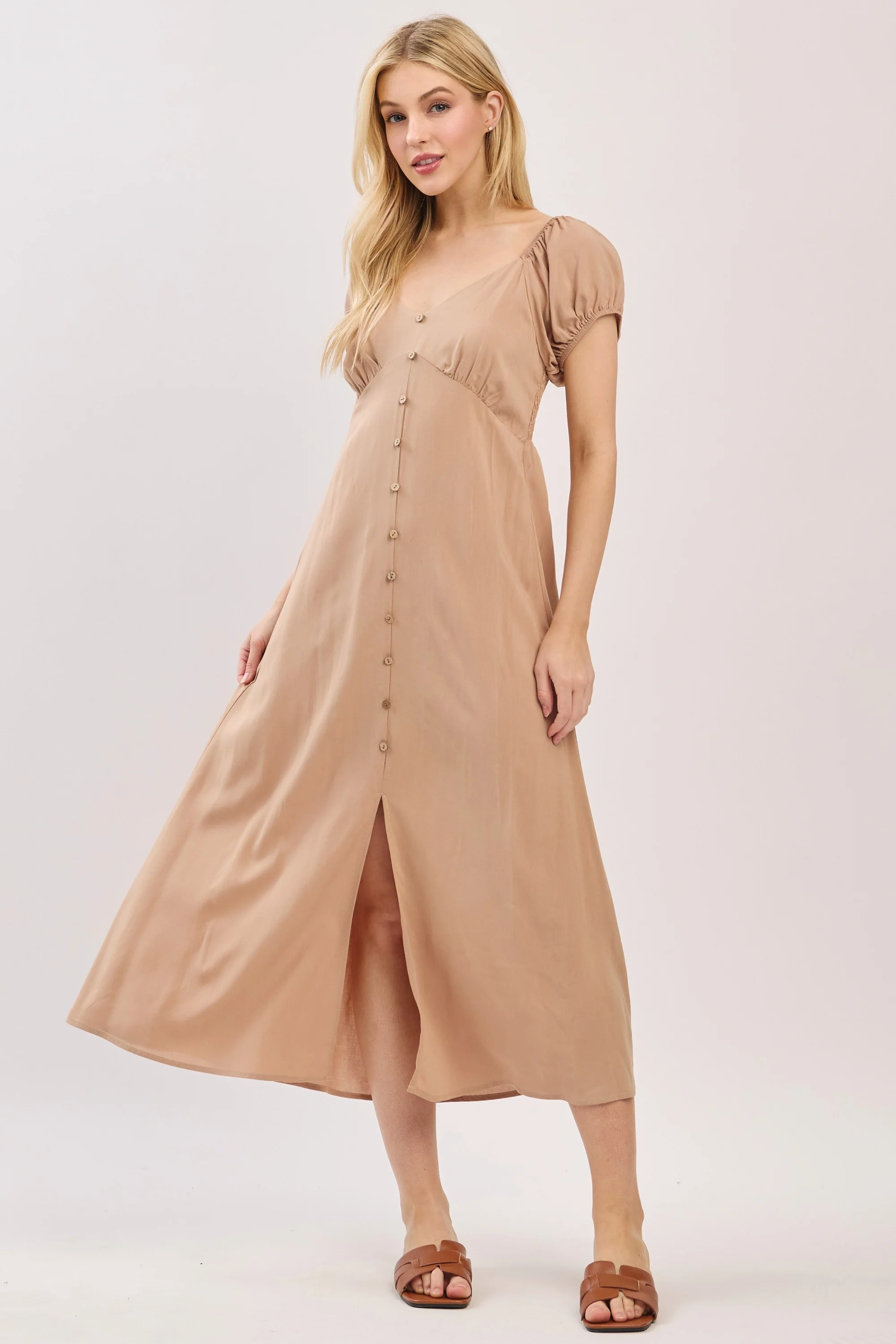 Camel Button Accent Front Slit Maternity Midi Dress - Image 5