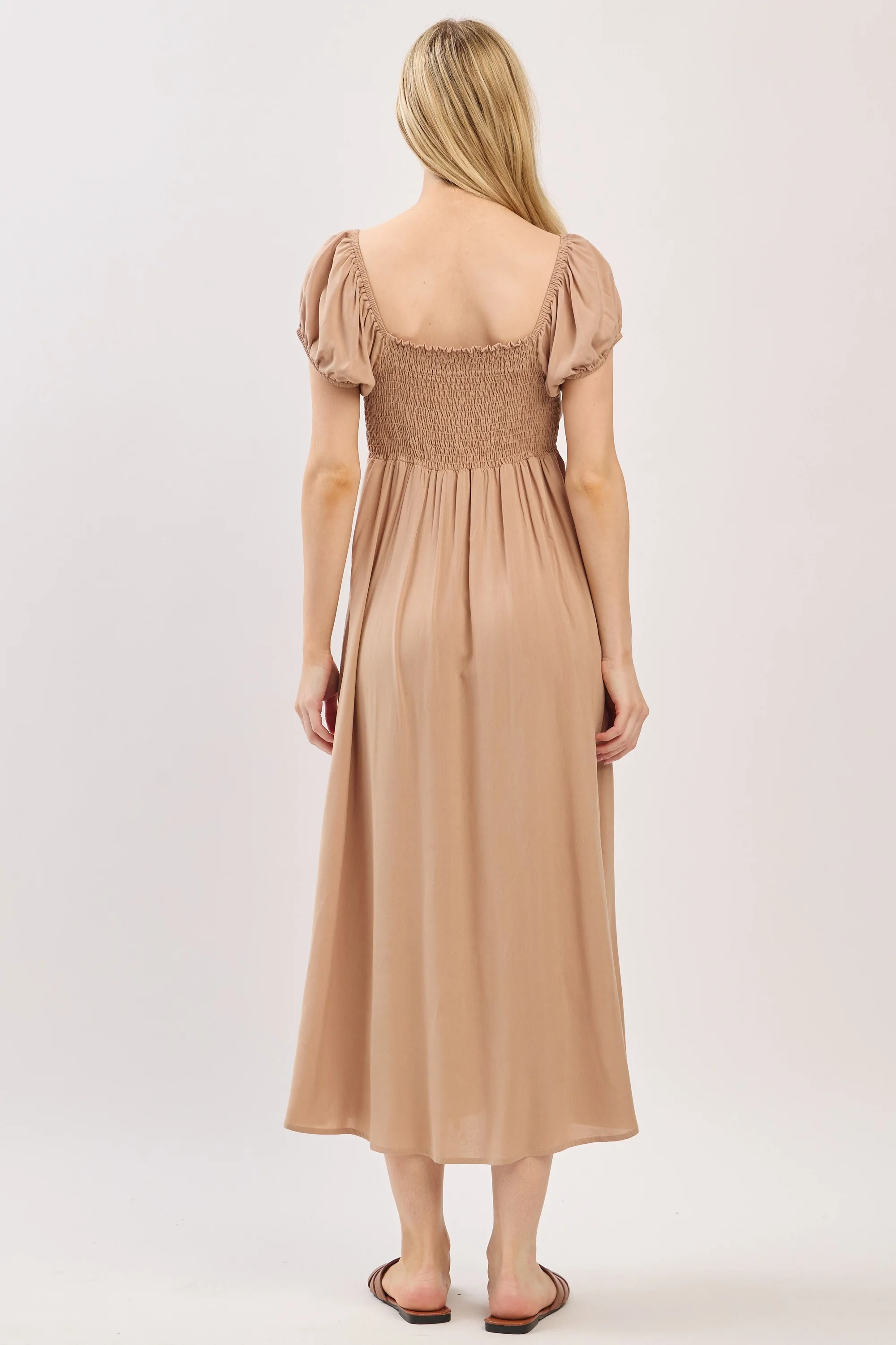 Camel Button Accent Front Slit Midi Dress - Image 4