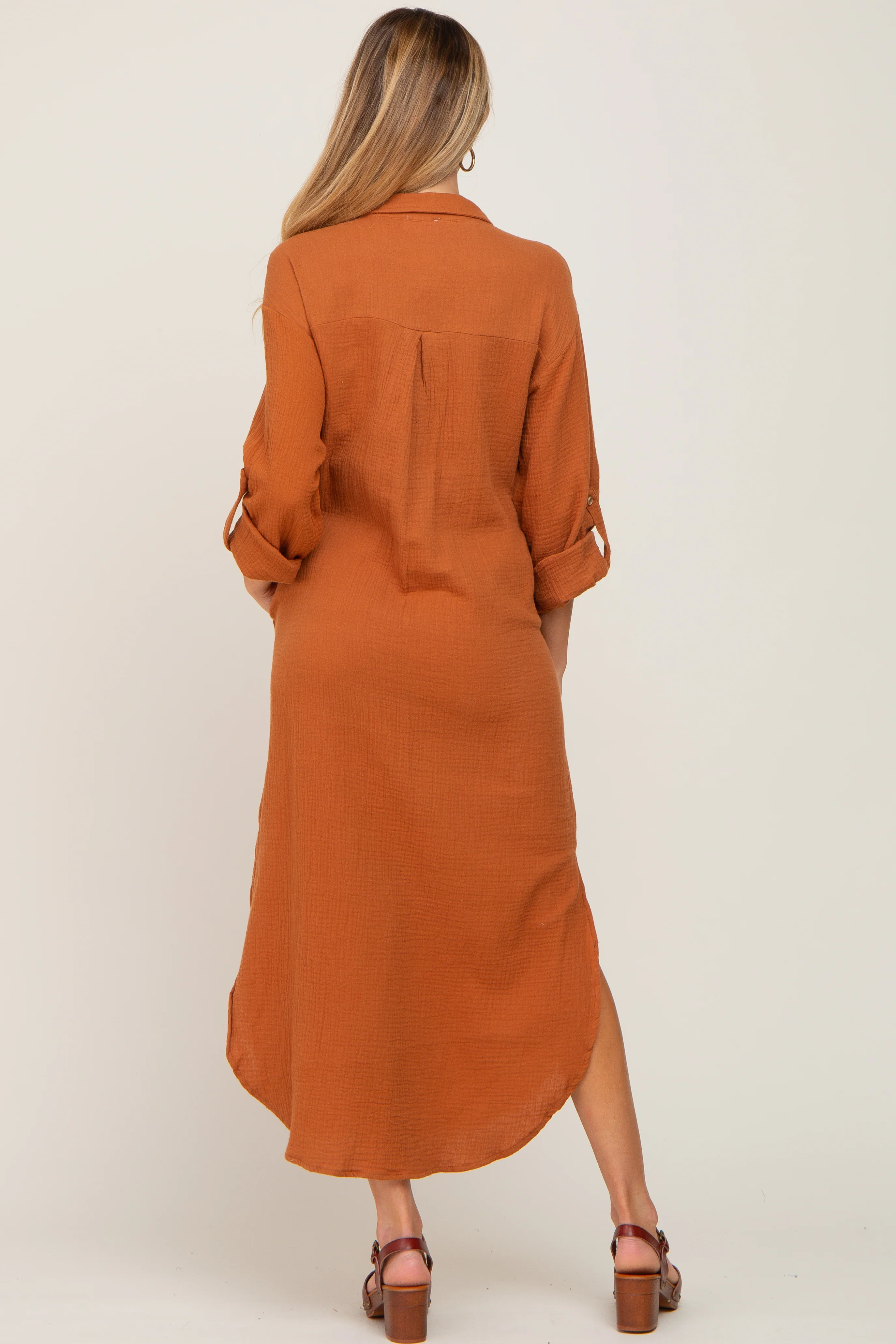 Camel Button Down 3/4 Sleeve Maternity Midi Dress - Image 3