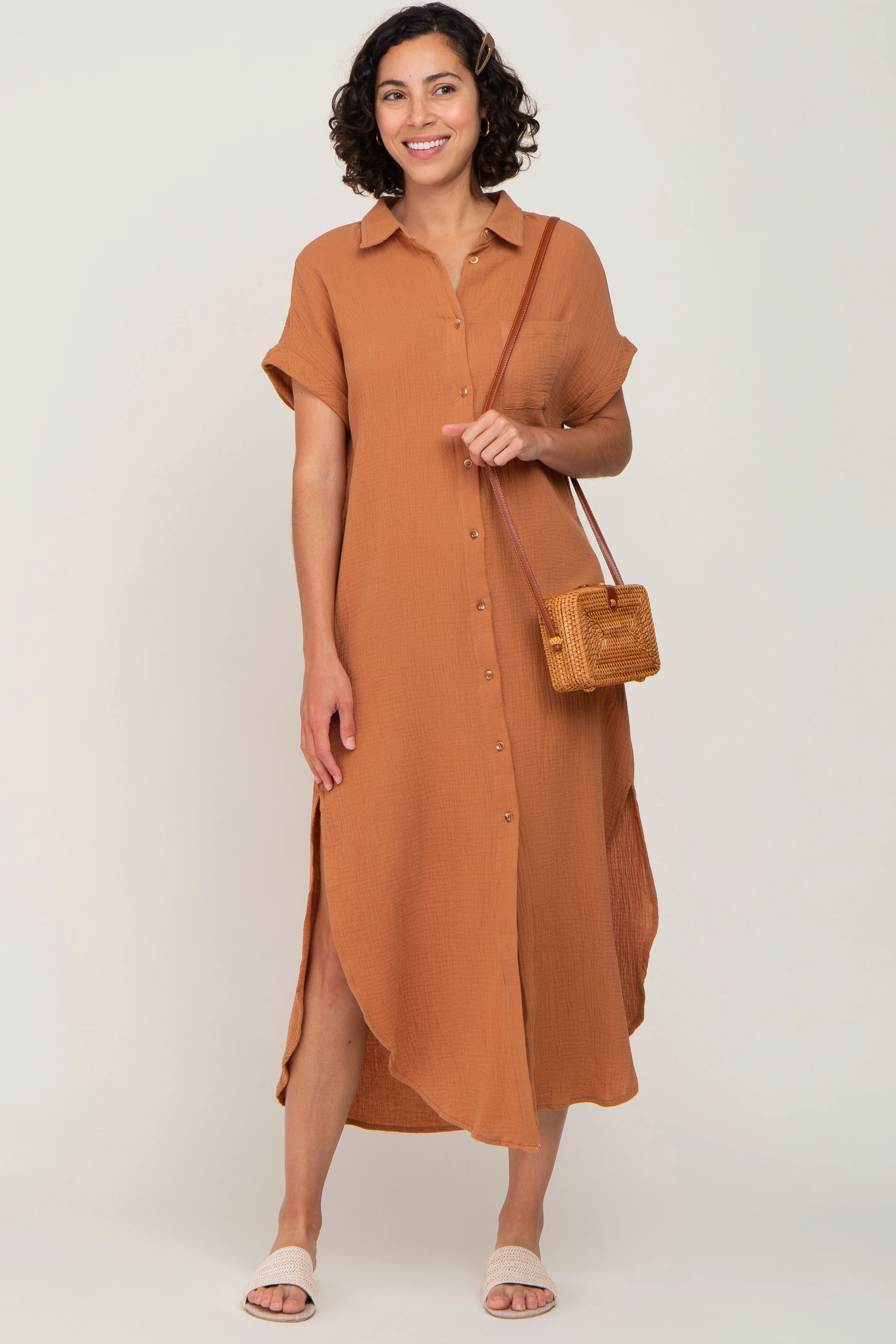 Camel Button Down Maternity Midi Dress - Image 17