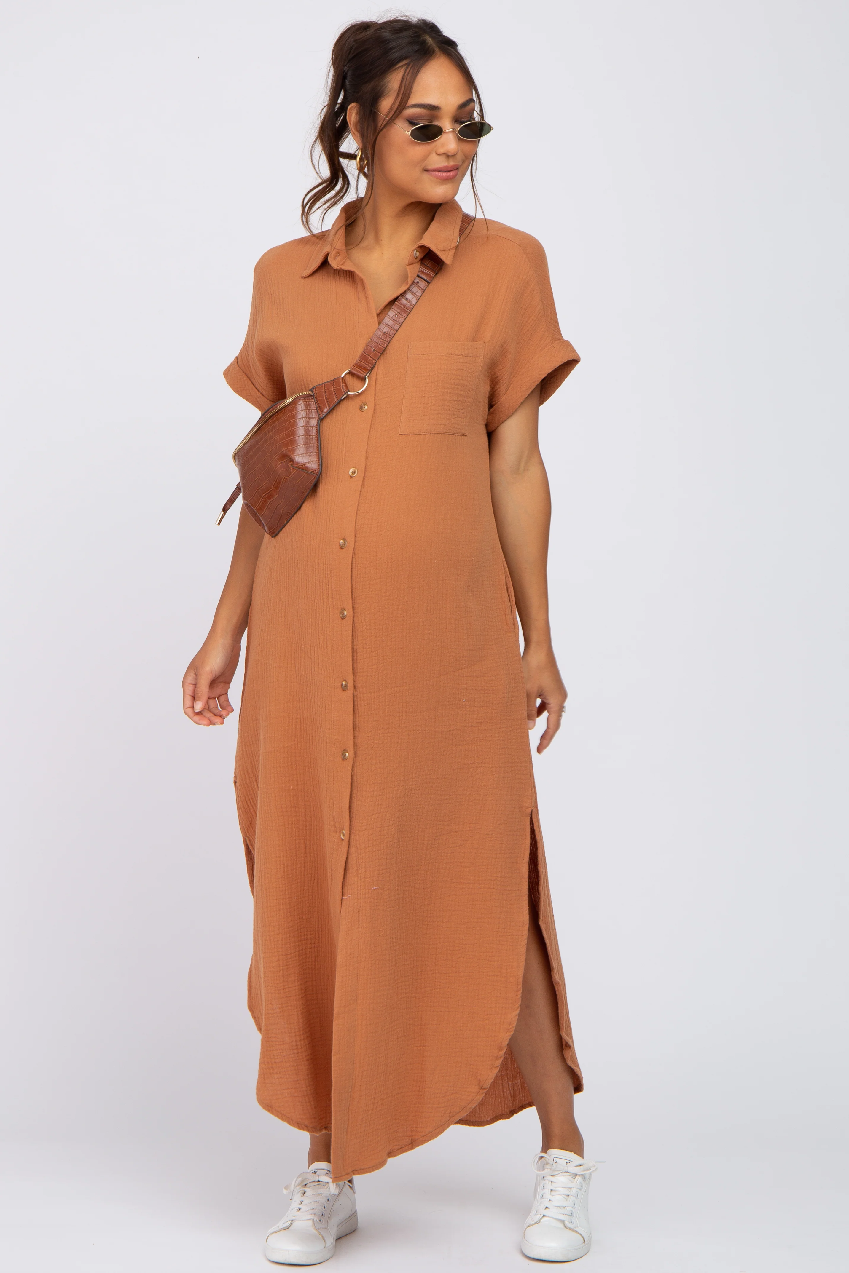Camel Button Down Maternity Midi Dress - Image 4