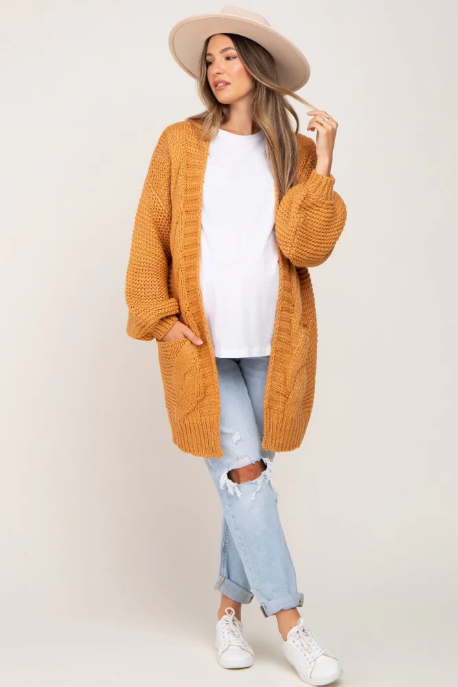 Camel Cable Knit Front Pocket Maternity Cardigan - Image 2