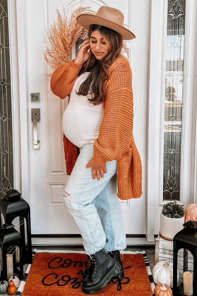 Camel Cable Knit Front Pocket Maternity Cardigan - Image 7