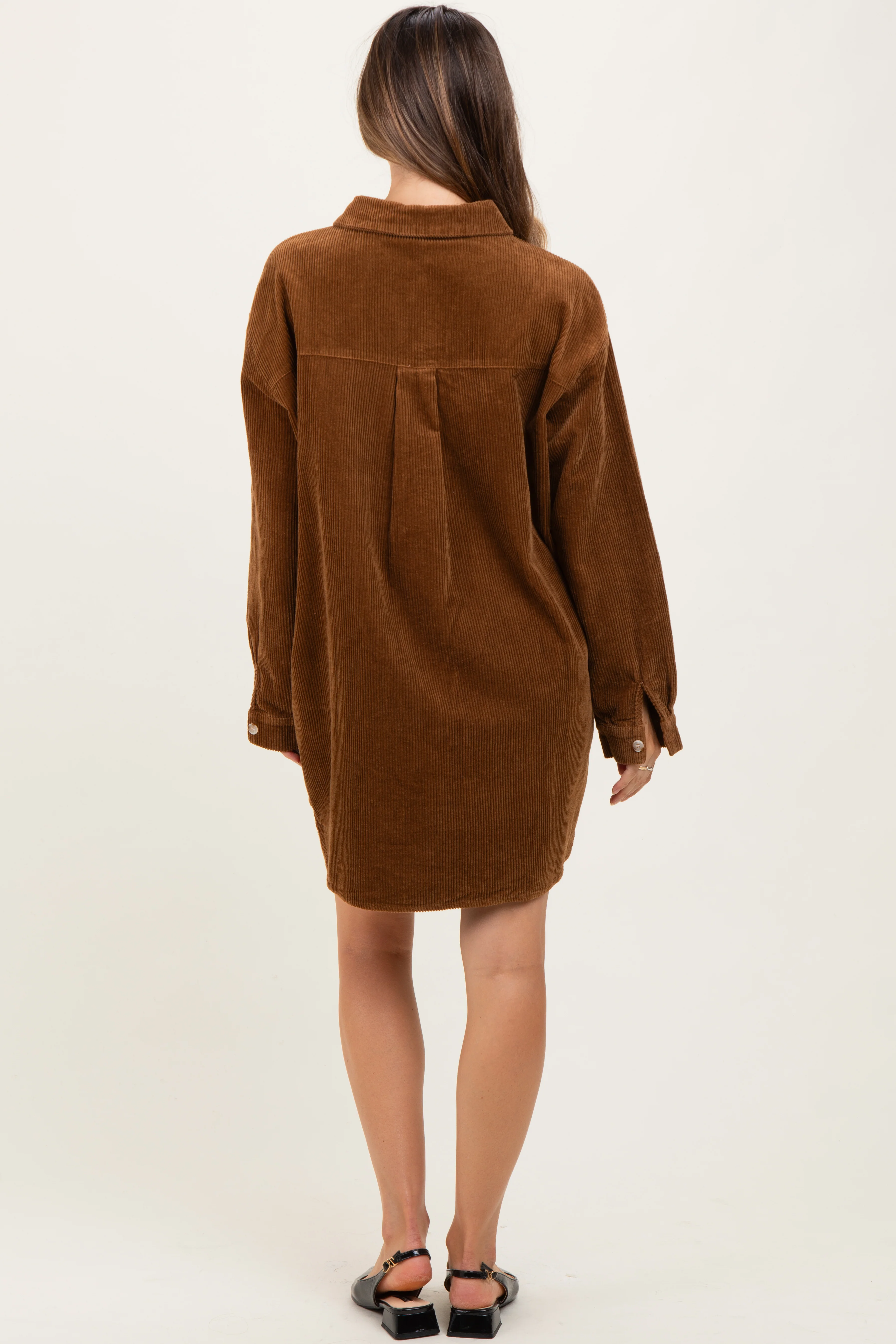 Camel Corduroy Maternity Shirt Mini Dress - Image 4