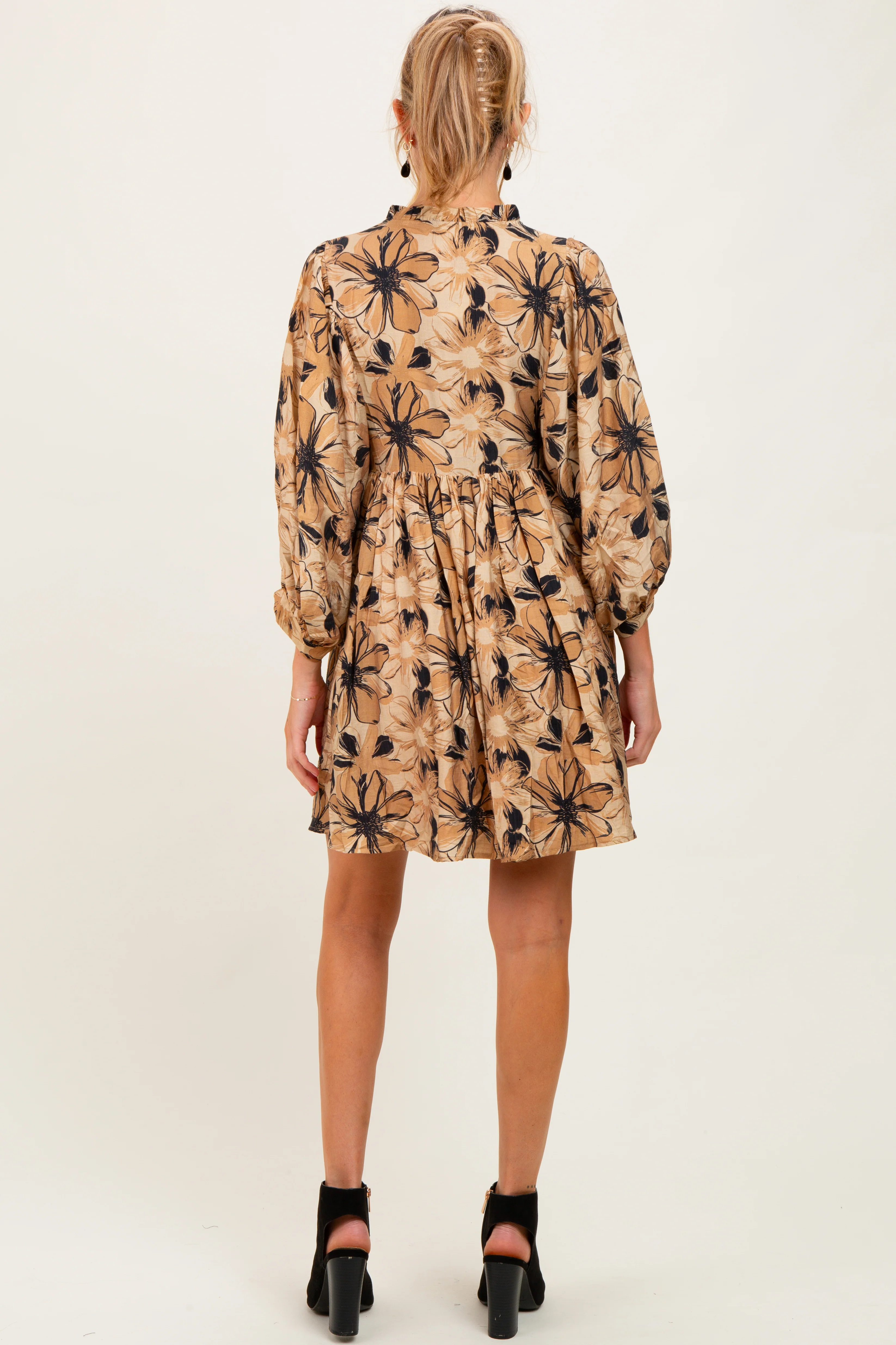 Camel Floral Front Tie Bubble Sleeve Maternity Mini Dress - Image 4