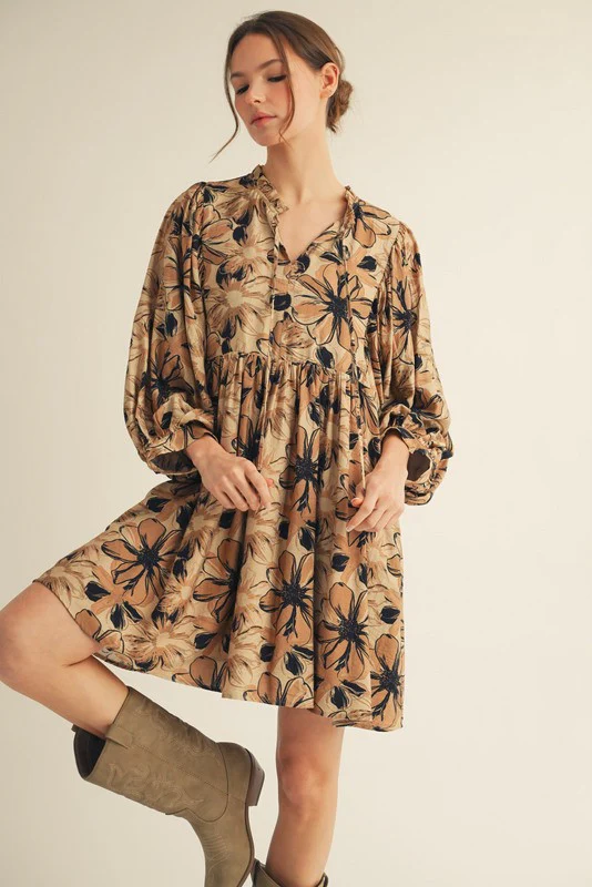 Camel Floral Front Tie Bubble Sleeve Maternity Mini Dress - Image 5