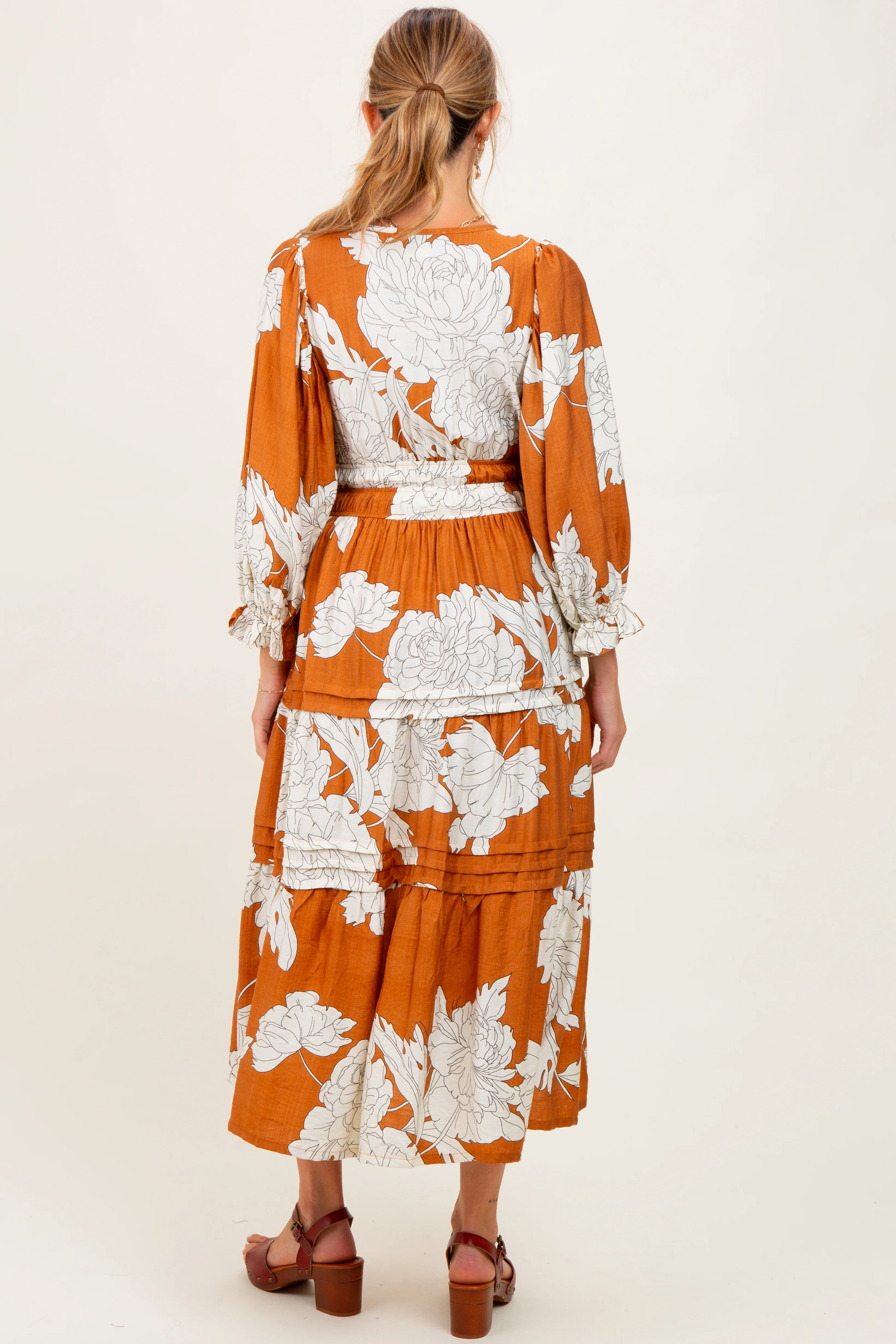 Camel Floral Long 3/4 Sleeve Tiered Maternity Midi Dress - Image 4