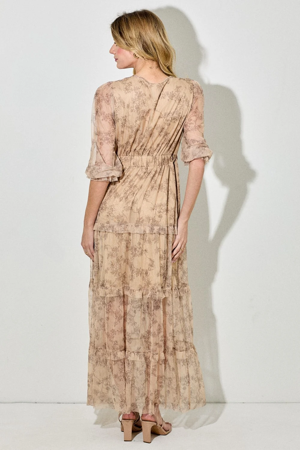 Camel Floral Mesh Overlay Lace Trim Maxi Dress - Image 3