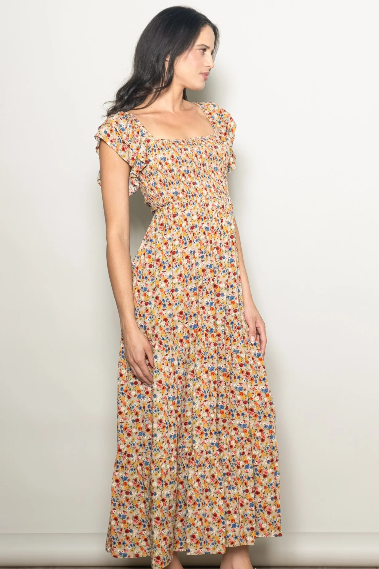 Camel Floral Off Shoulder Smocked Maxi Dress - Image 2