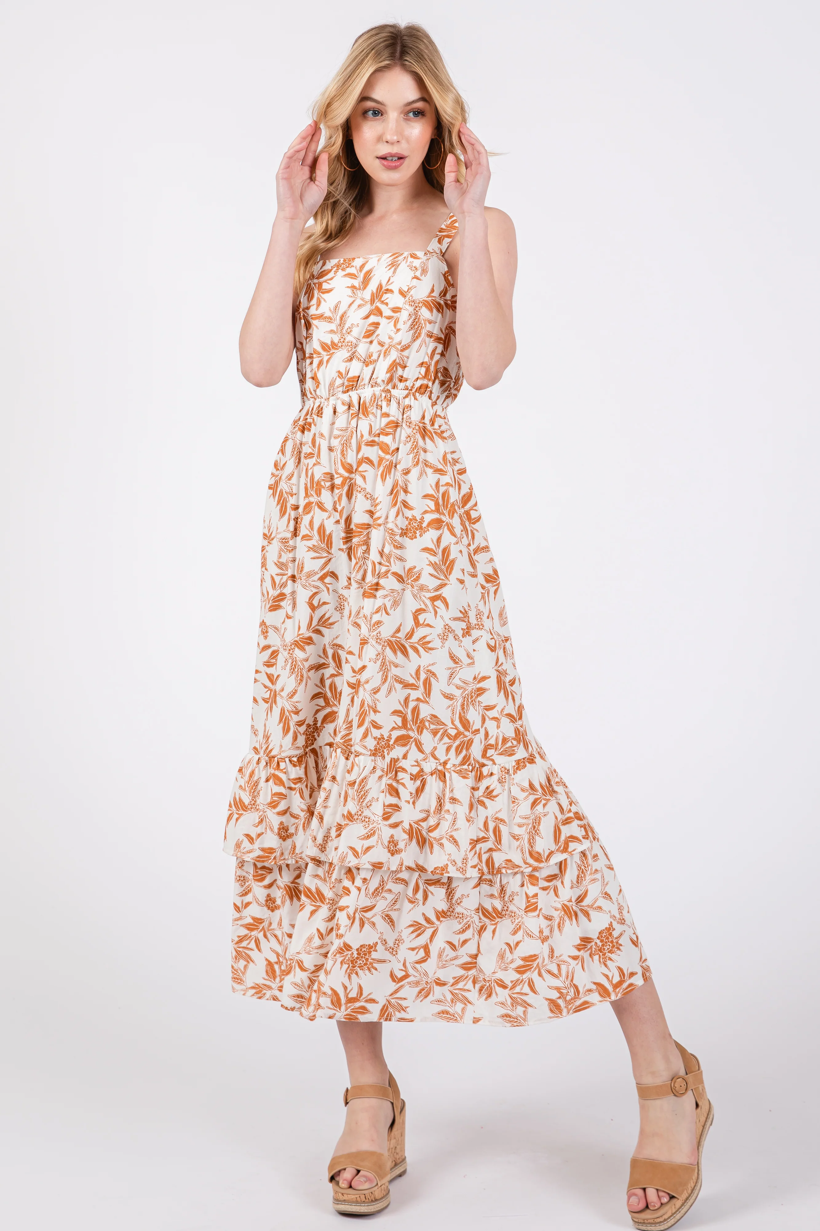 Camel Floral Sleeveless Ruffle Hem Maternity Maxi Dress - Image 5