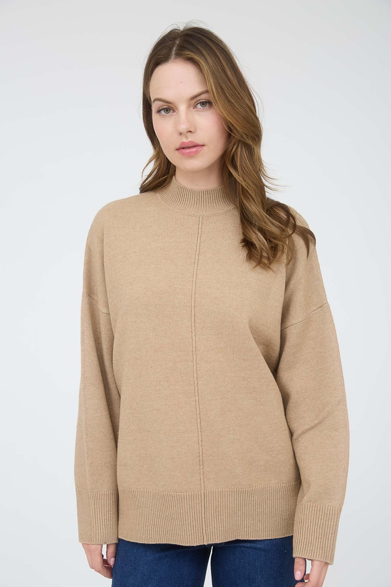 Camel Front Seam Mock Neck Maternity Sweater - Image 5