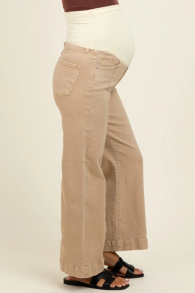 Camel Front Seam Wide Leg Maternity Jeans - Image 3