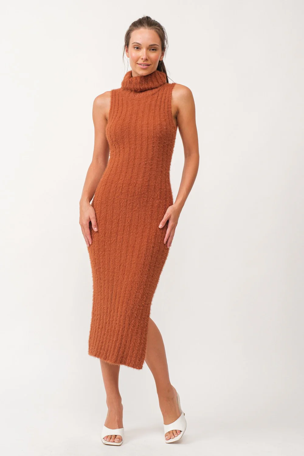 Camel Fuzzy Knit Sleeveless Turtle Neck Midi Dress - Image 4