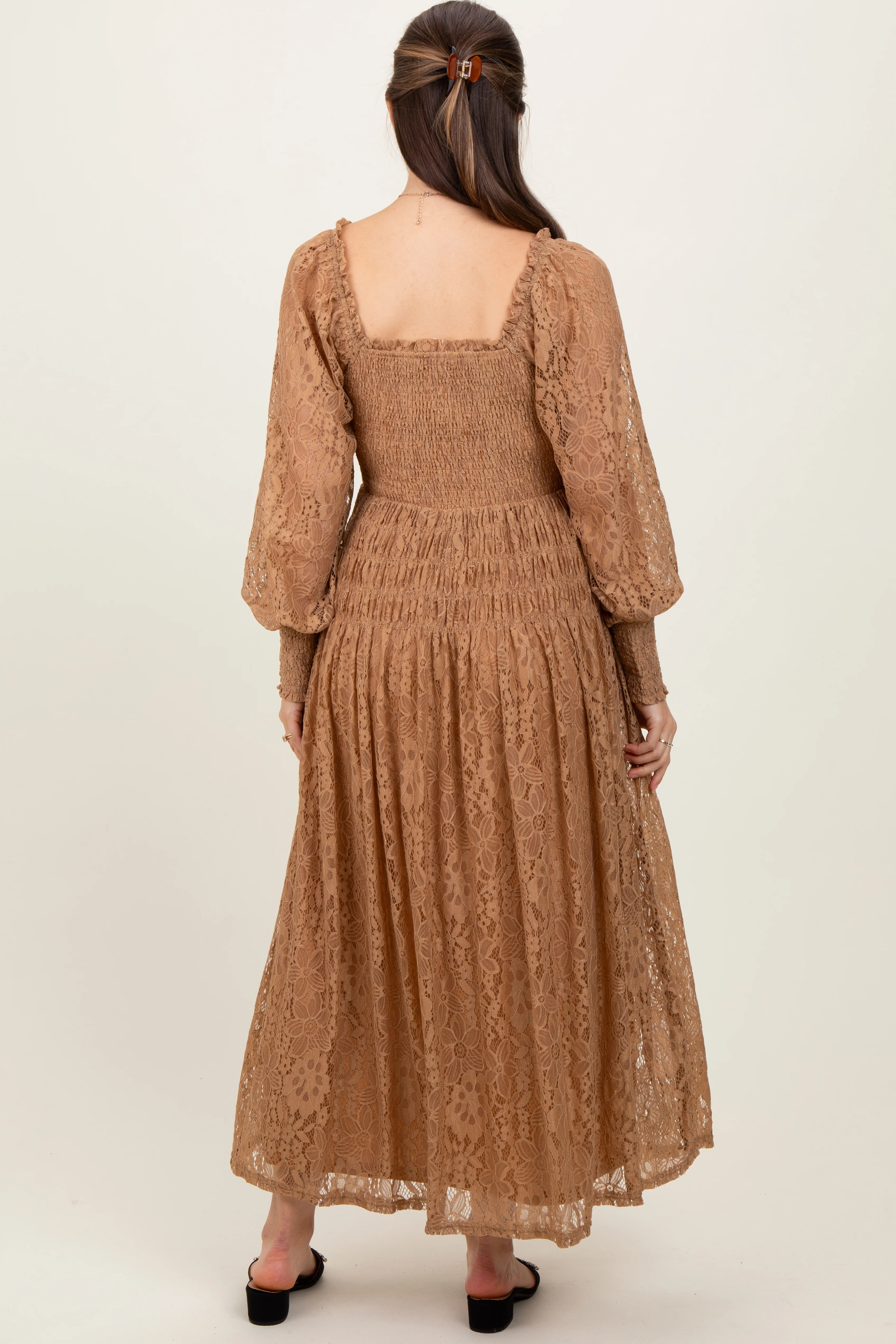 Camel Lace Smocked Bubble Sleeve Maternity Maxi Dress - Image 4
