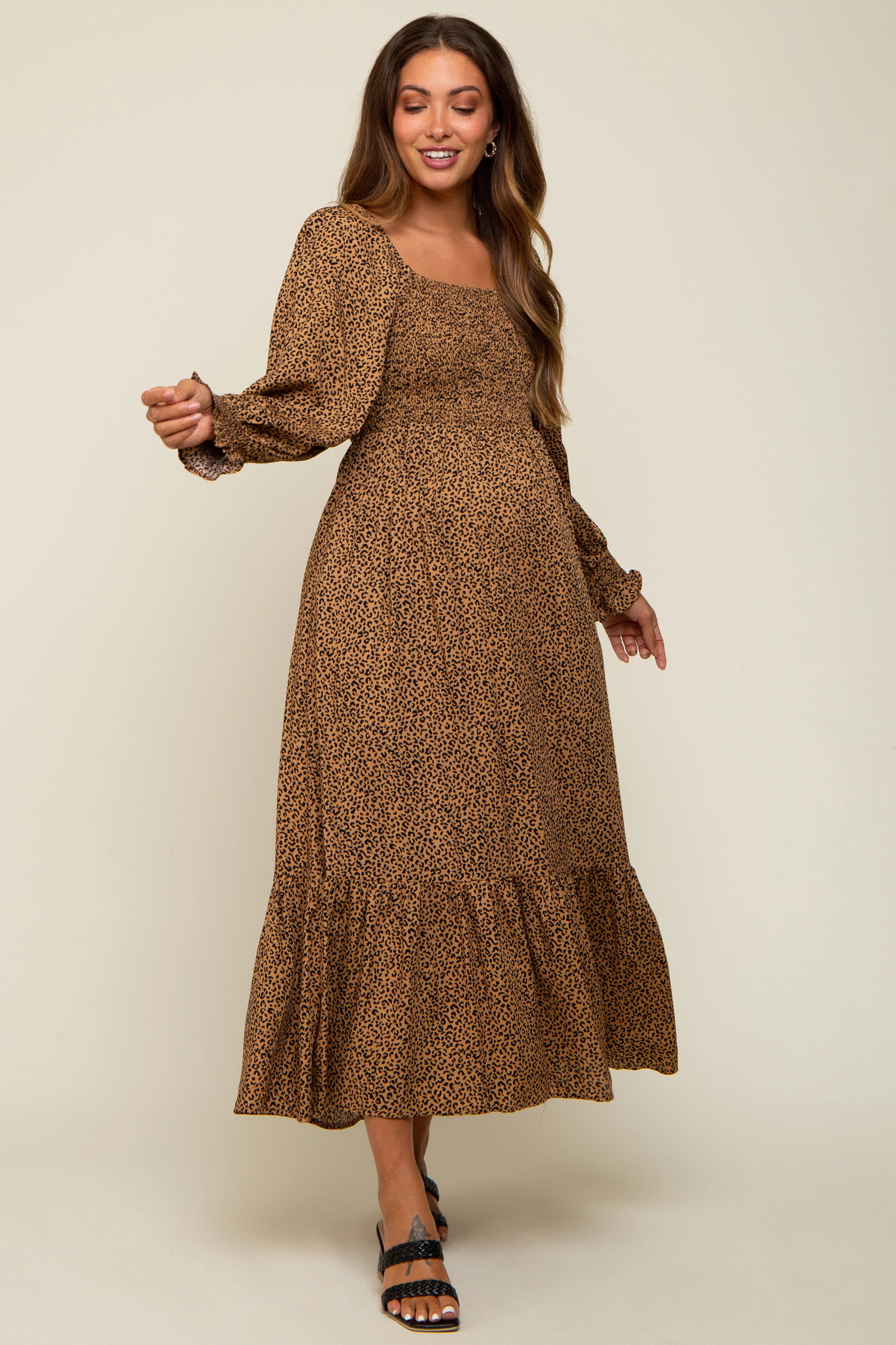 Camel Leopard Print Square Neck Smocked Maternity Midi Dress - Image 4