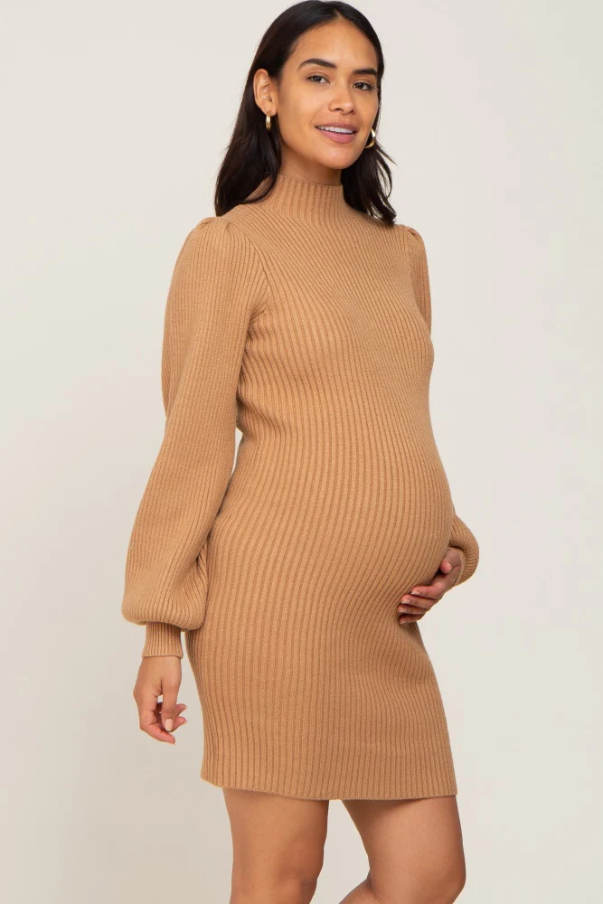 Camel Mock Neck Puff Sleeve Maternity Sweater Dress - Image 2