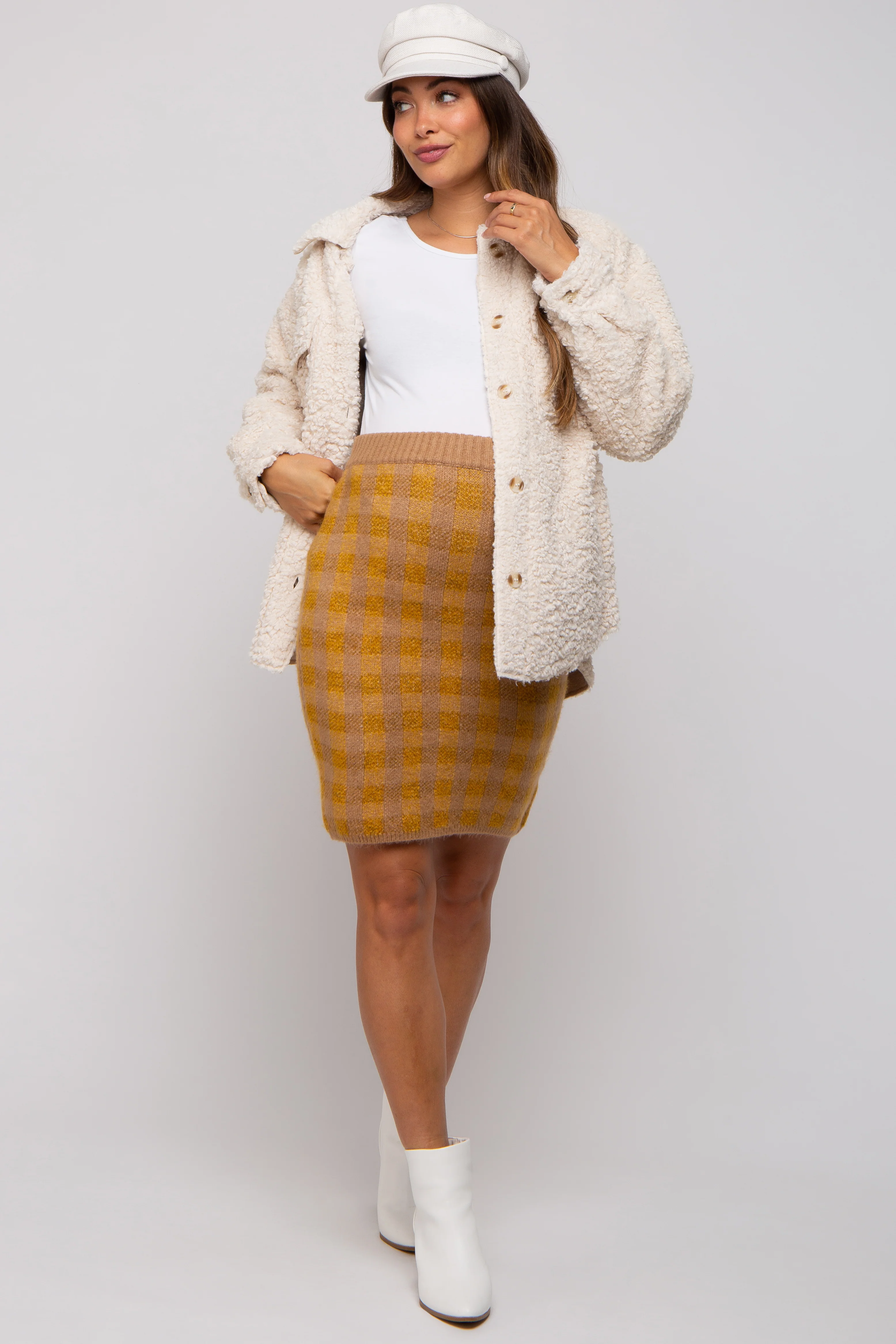 Camel Plaid Fuzzy Knit Fitted Maternity Skirt - Image 8