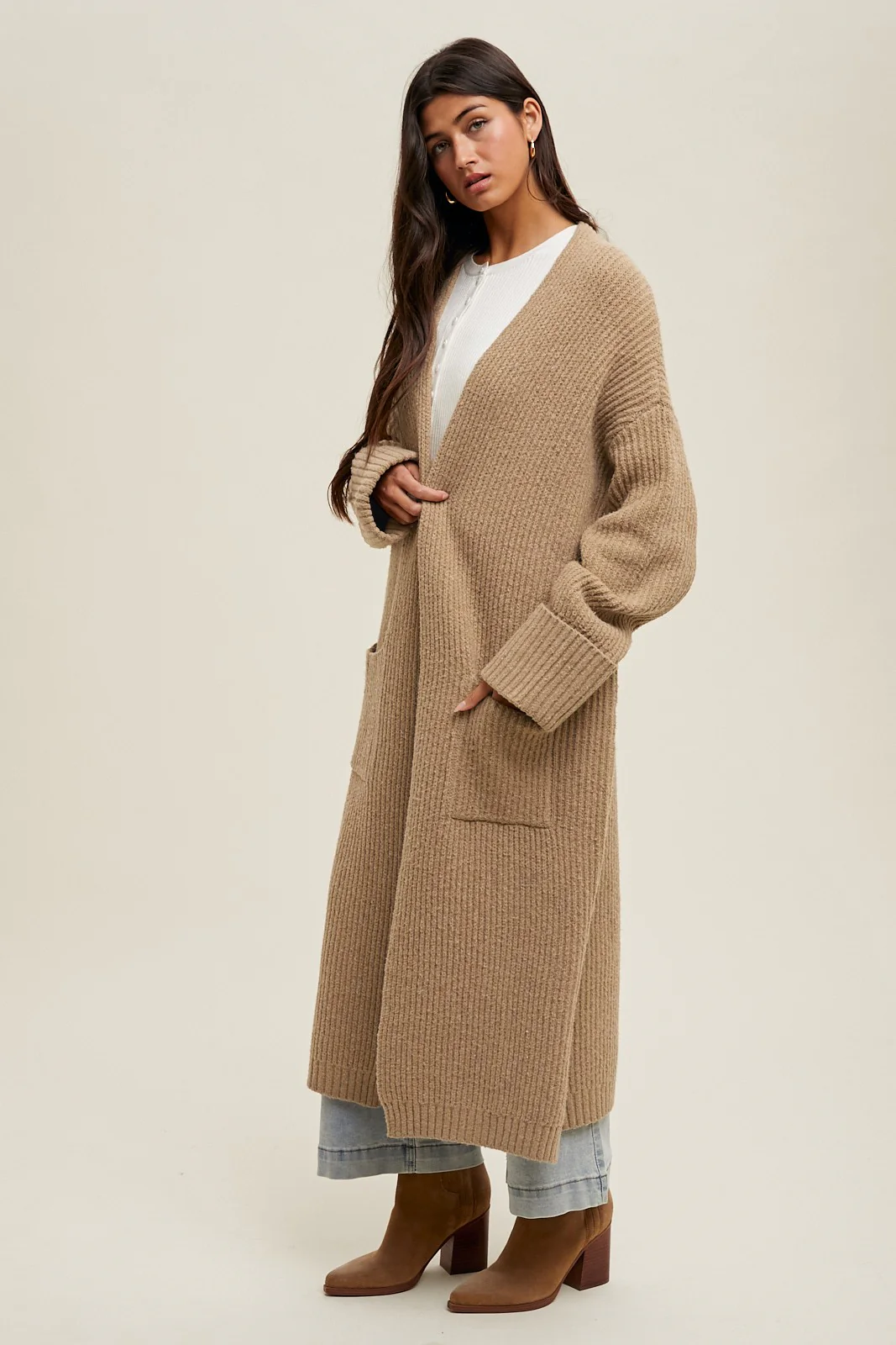 Camel Ribbed Chunky Knit Long Oversized Cardigan - Image 2