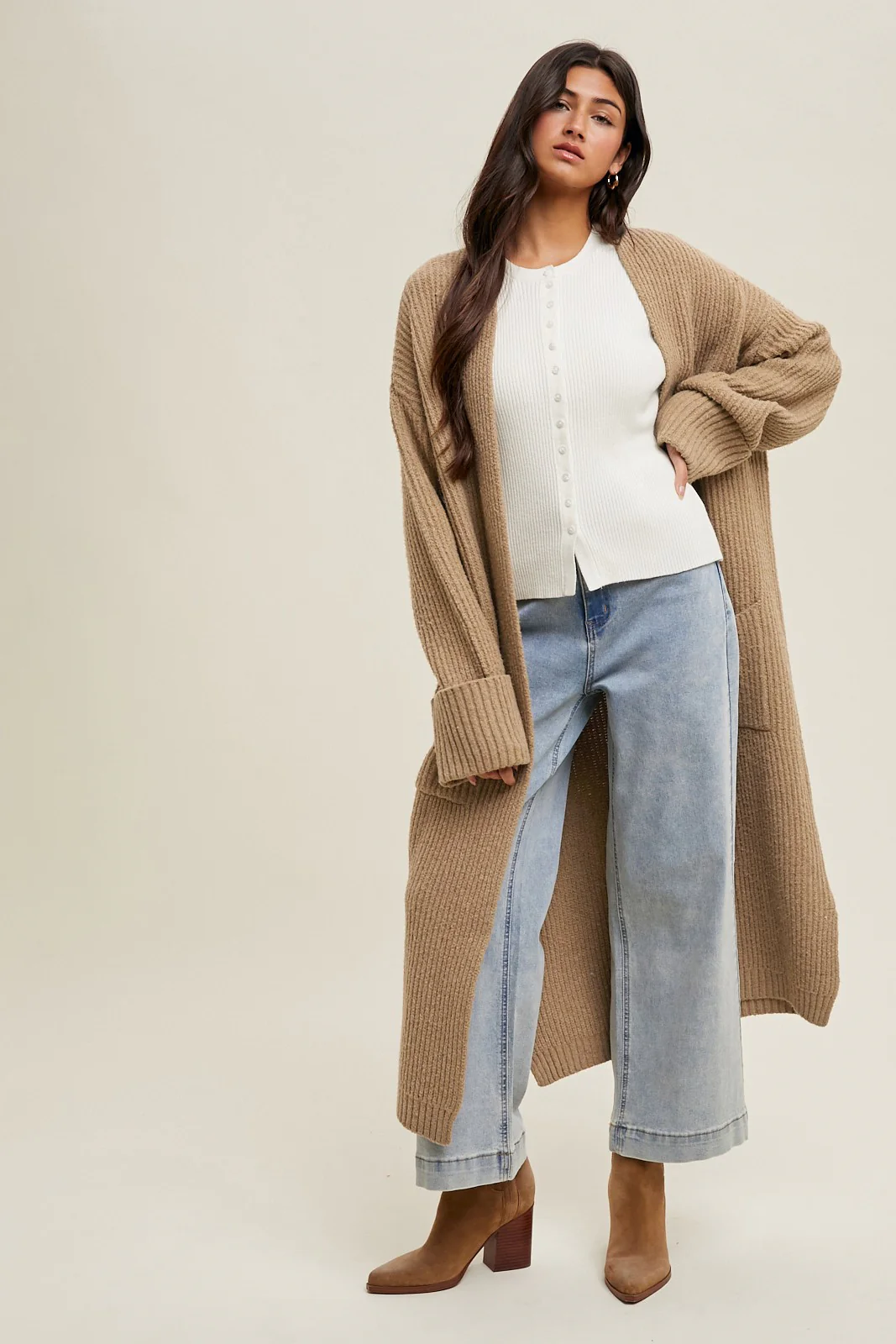 Camel Ribbed Chunky Knit Long Oversized Maternity Cardigan - Image 4