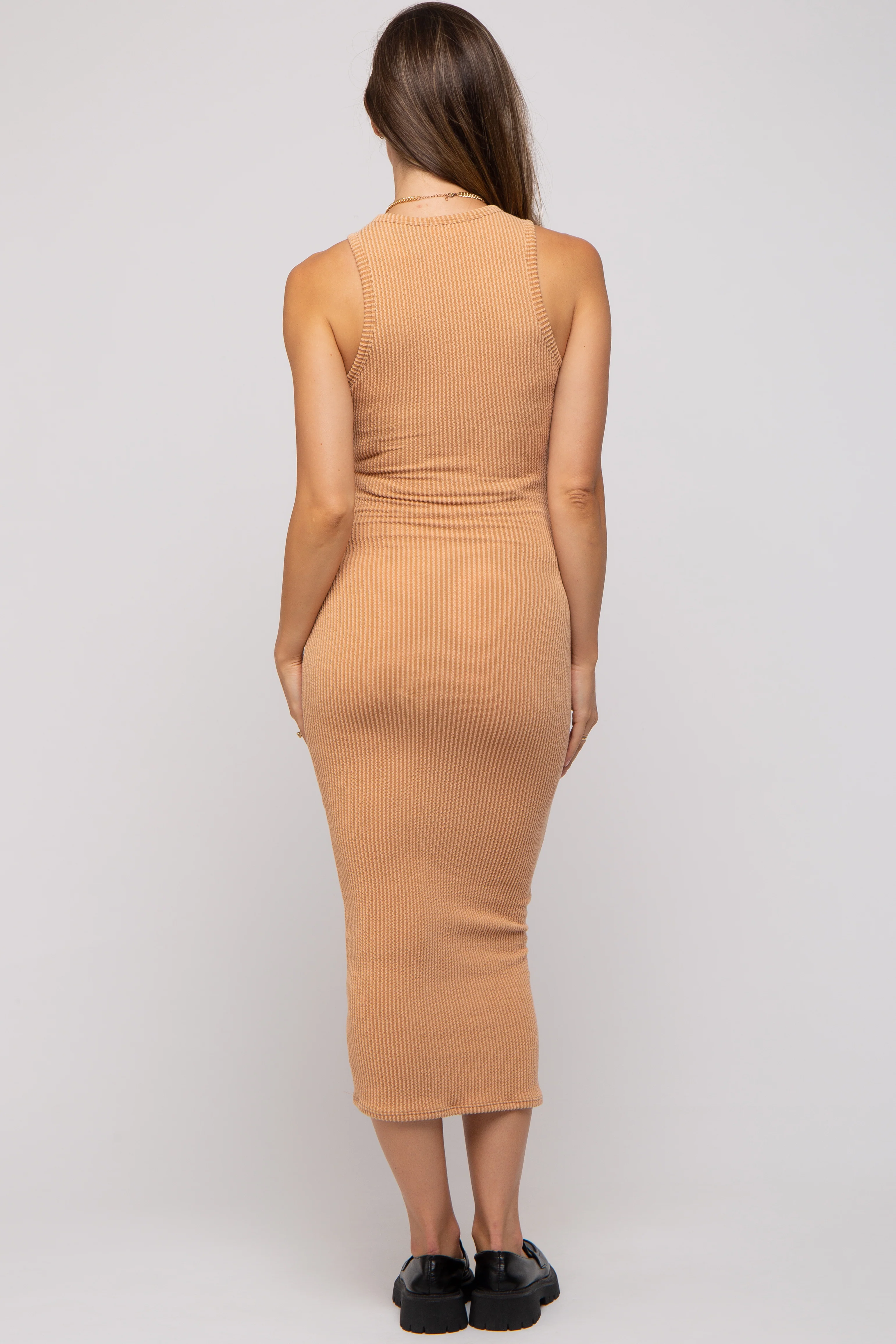 Camel Ribbed Maternity Fitted Midi Dress - Image 3