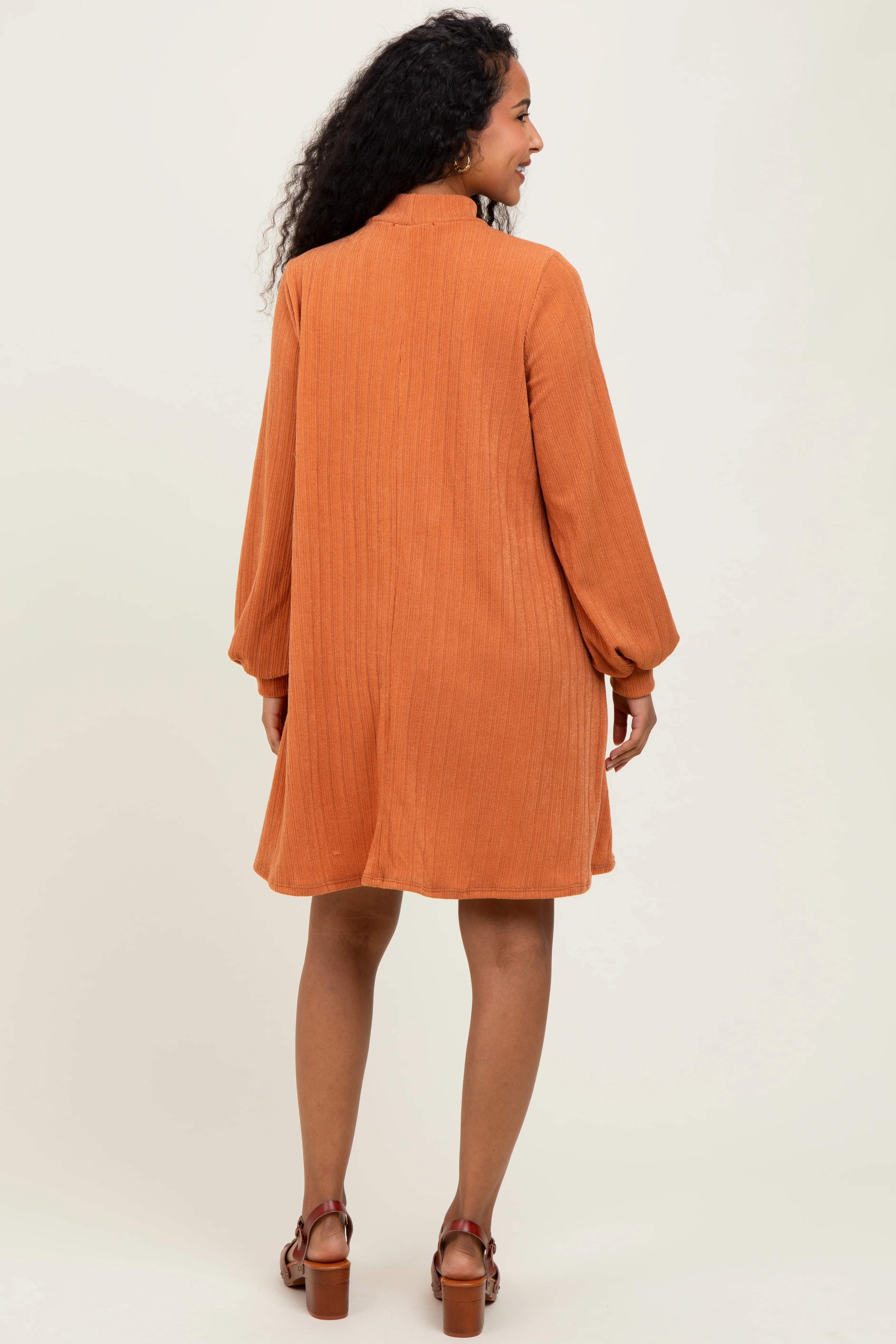 Camel Ribbed Mock Neck Bubble Sleeve Maternity Dress - Image 4