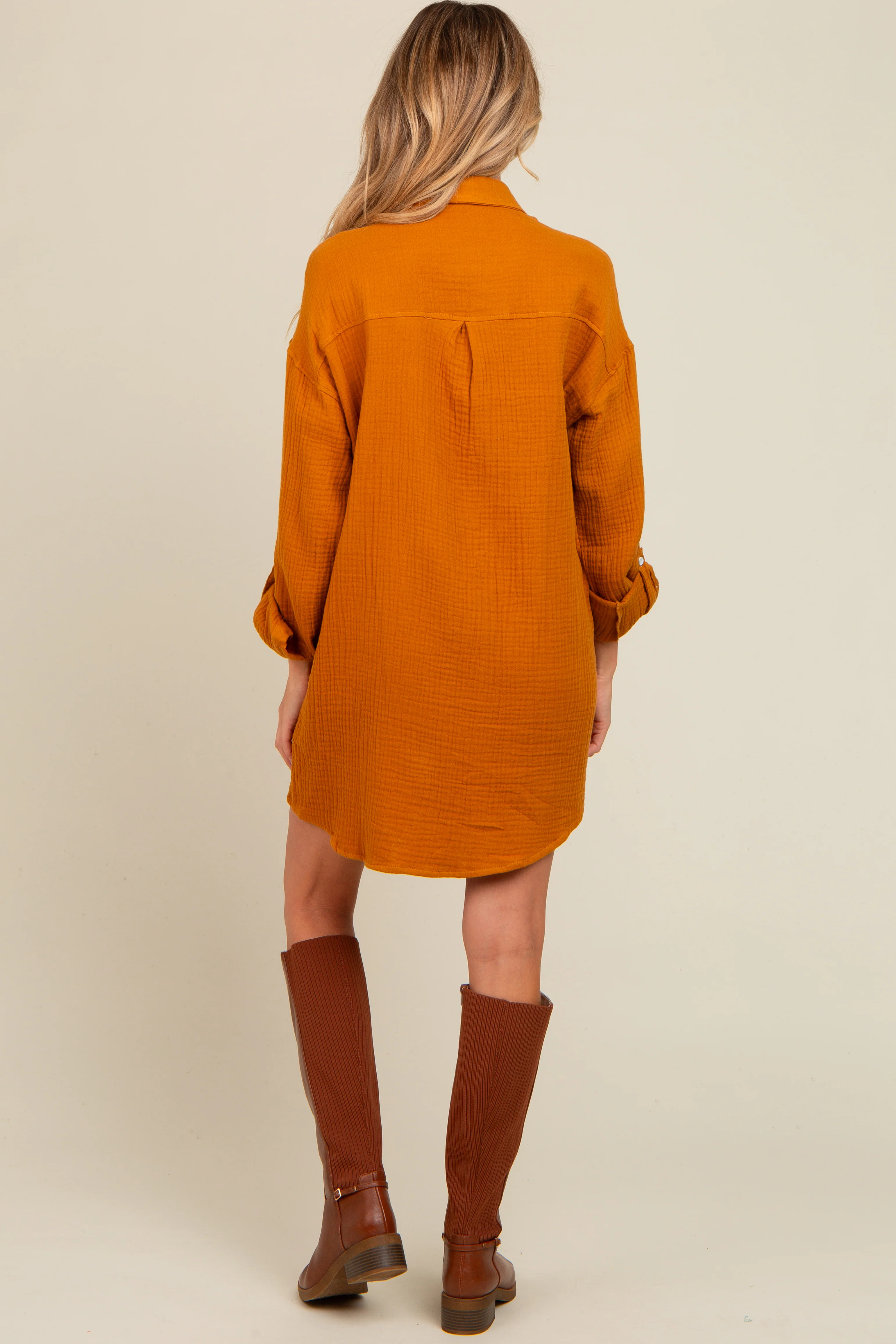 Camel Rolled Cuff Maternity Button Down Dress - Image 4