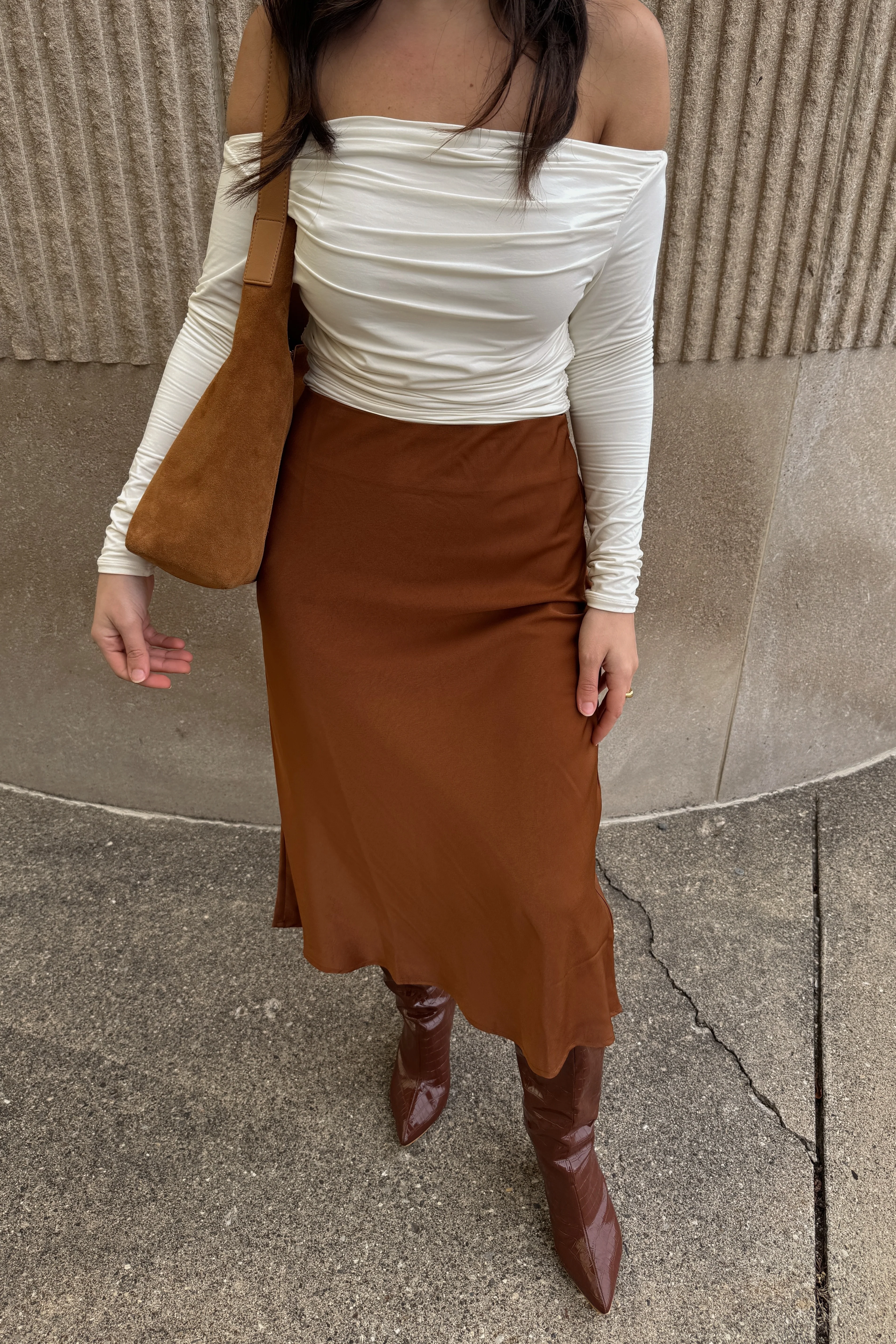 Camel Satin Midi Skirt - Image 5