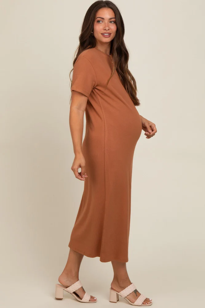 Camel Short Sleeve Side Slit Maternity T-Shirt Midi Dress - Image 3