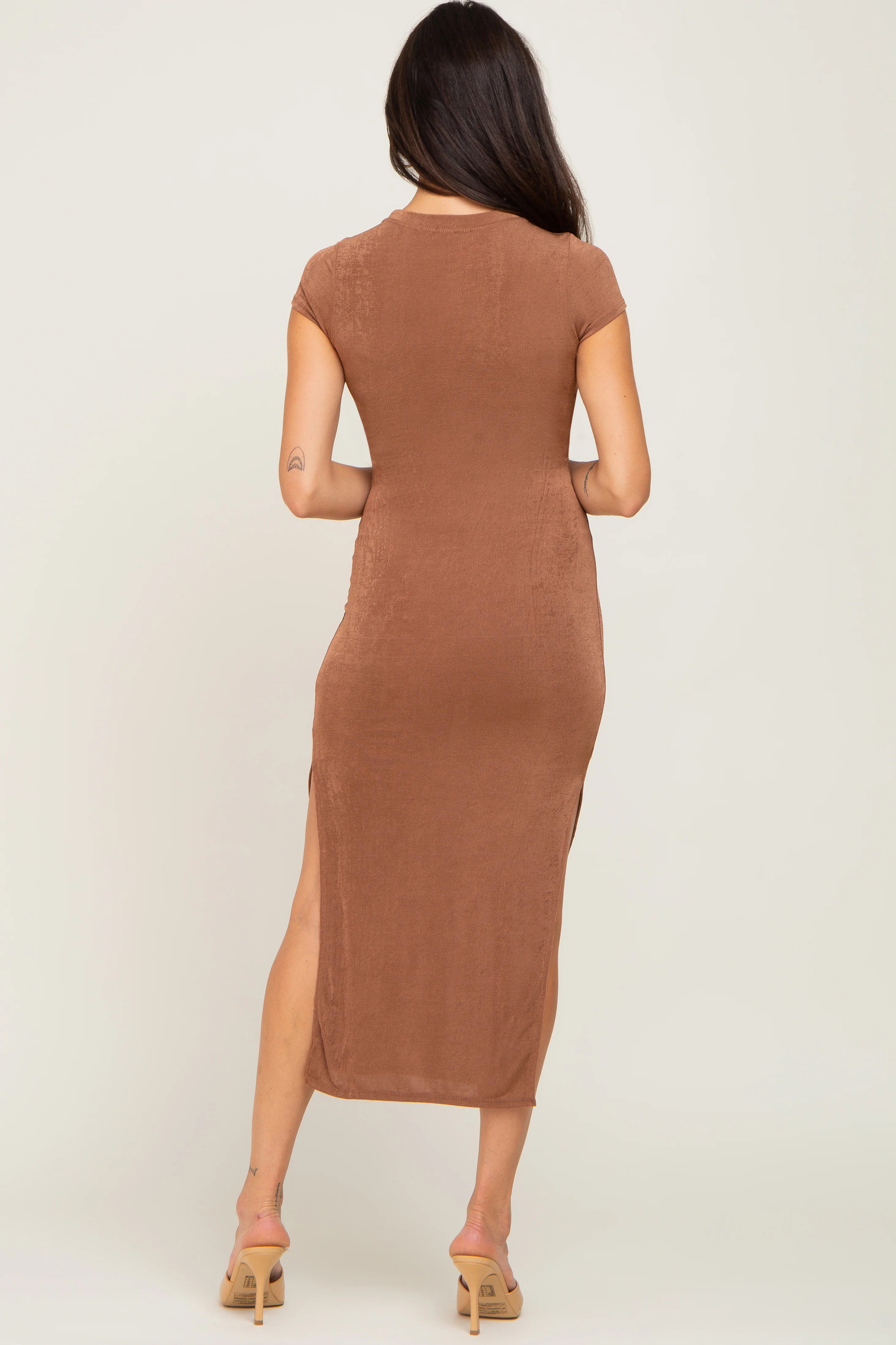 Camel Short Sleeve Side Slit Maxi Dress - Image 3
