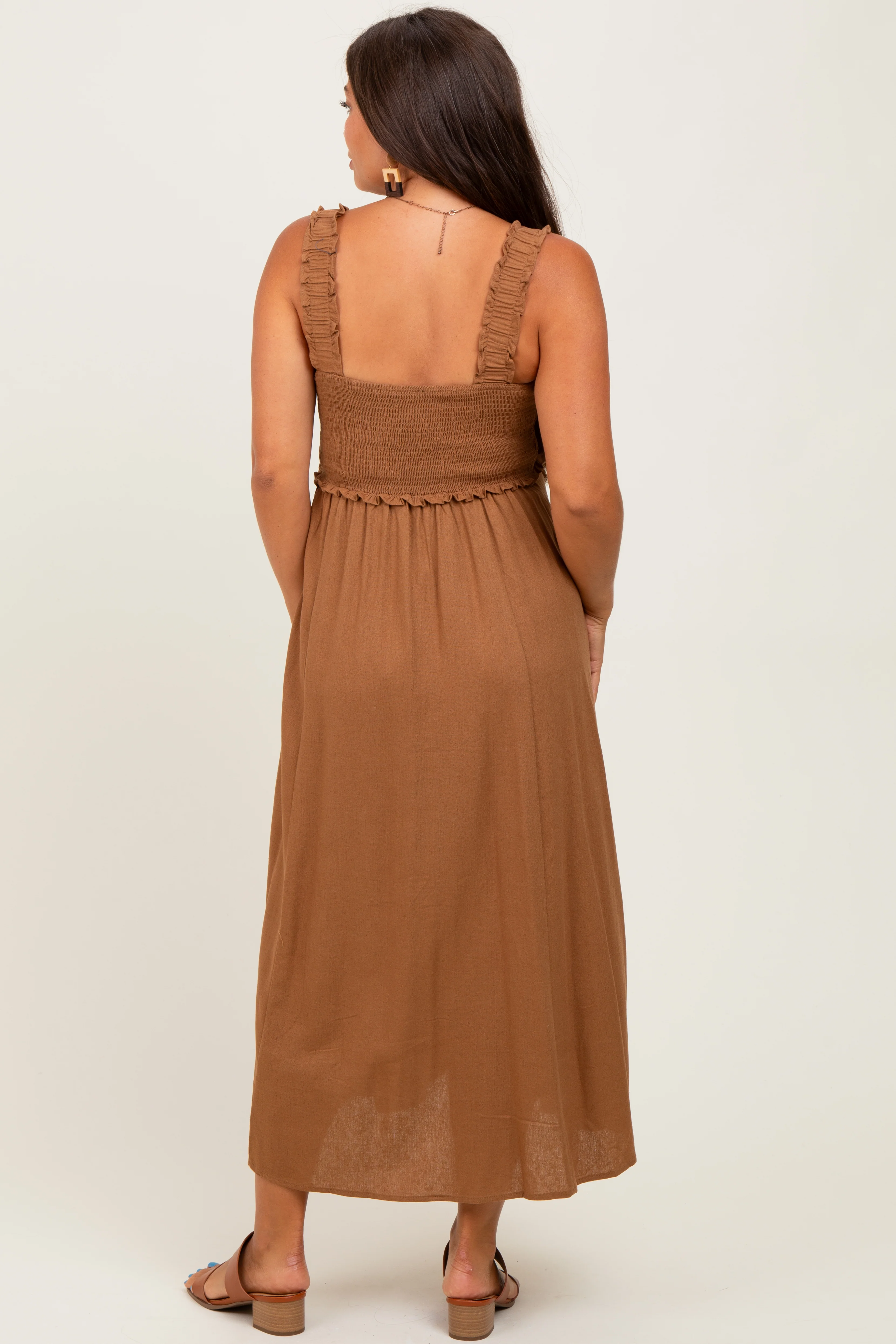 Camel Smocked Sleeveless Button Down Maternity Midi Dress - Image 3