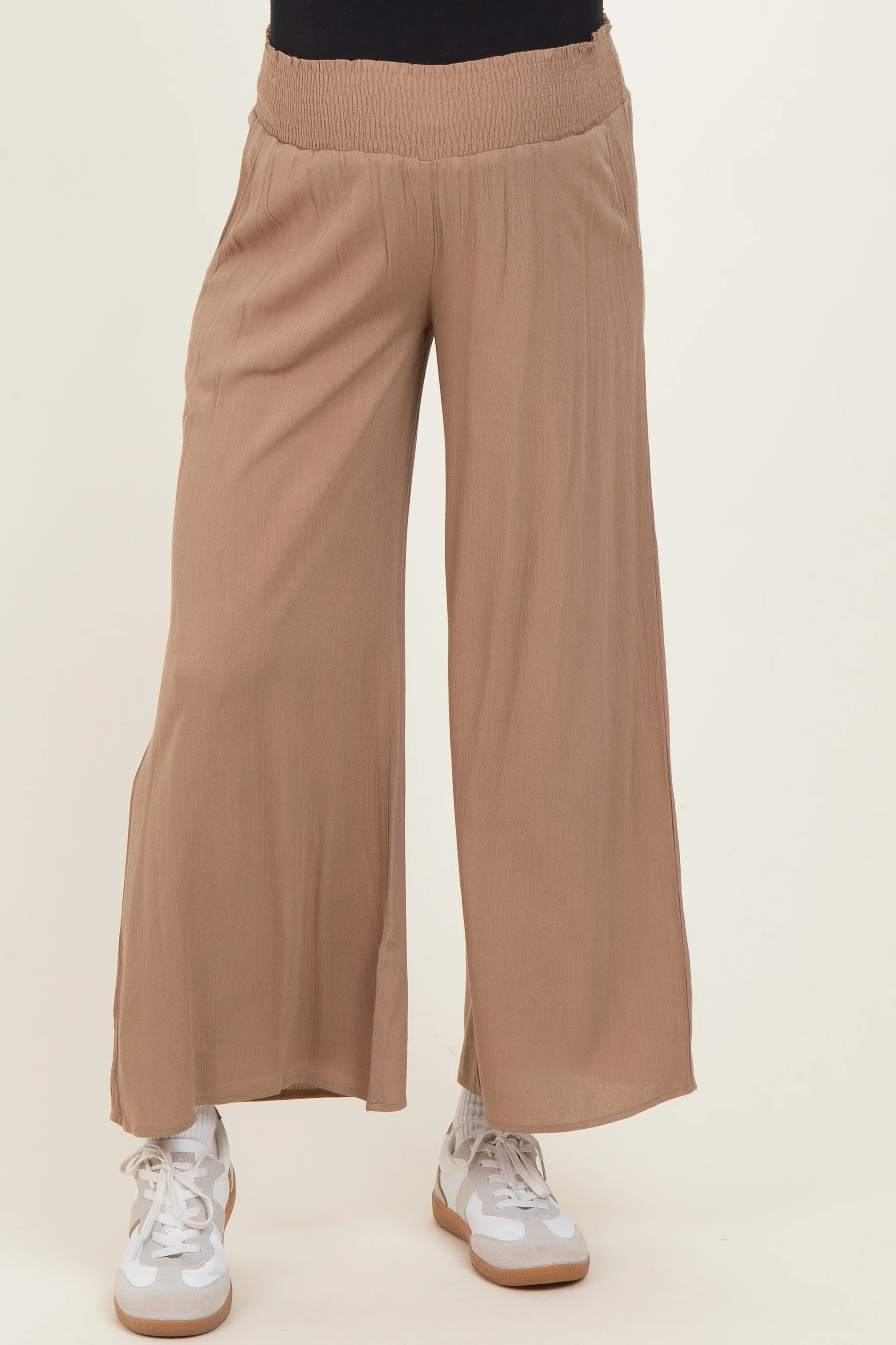 Camel Smocked Waist Ankle Wide Leg Maternity Pants - Image 3