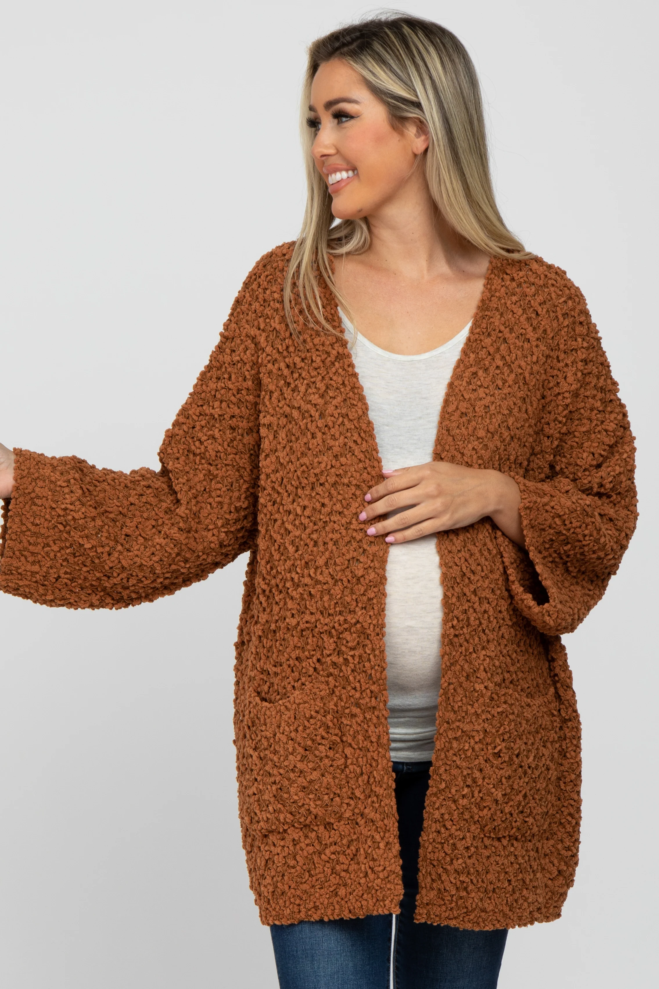 Camel Soft Popcorn Knit Maternity Cardigan - Image 3