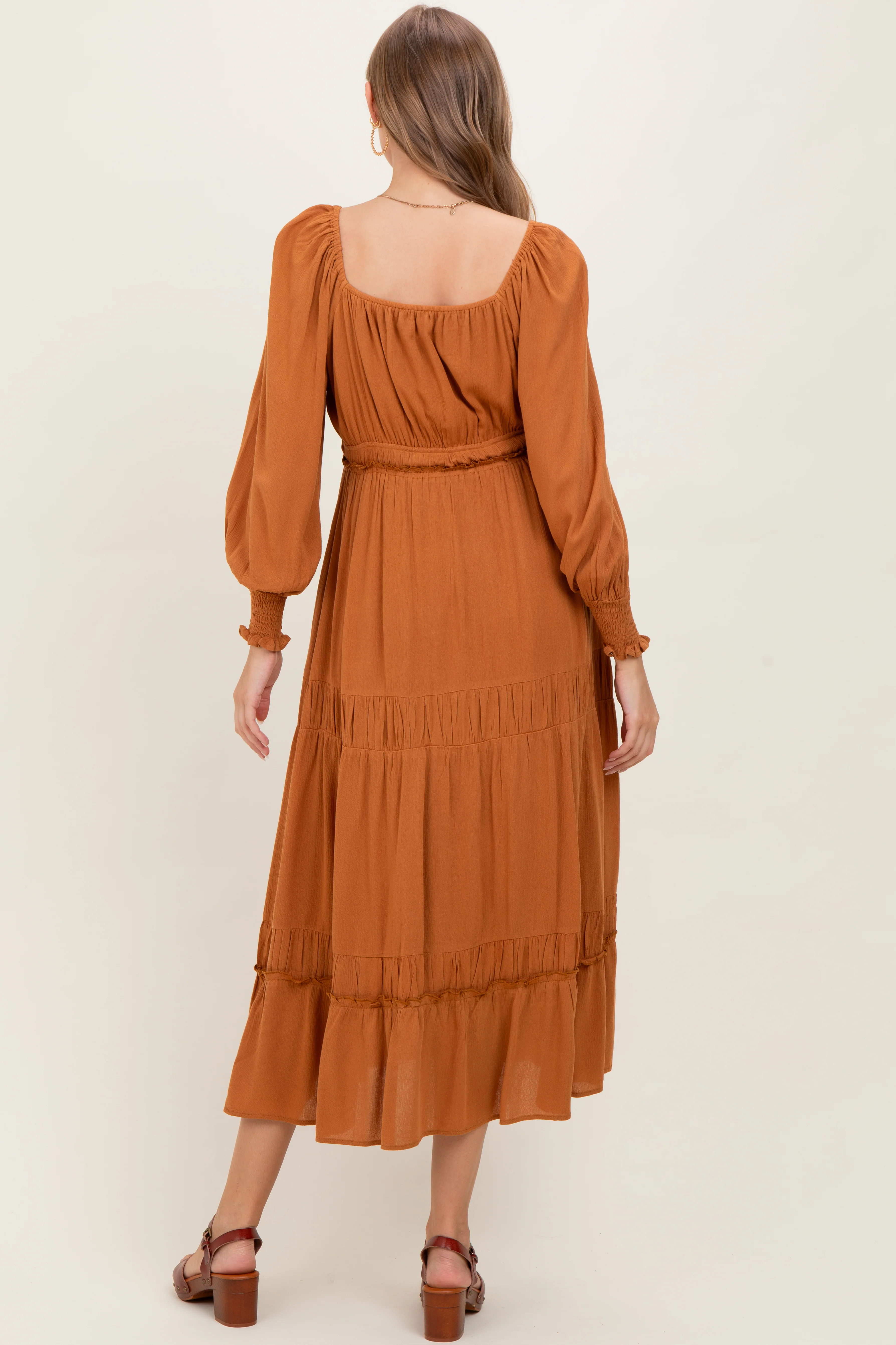 Camel Square Neck Long Sleeve Maternity Maxi Dress - Image 4