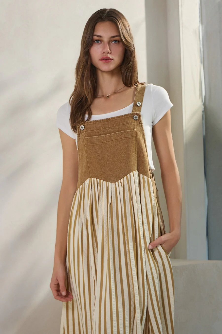 Camel Striped Colorblock Denim Contrast Maxi Dress - Image 3