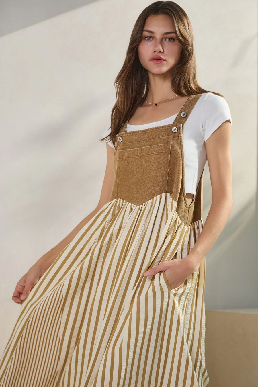 Camel Striped Colorblock Denim Contrast Maxi Dress - Image 5