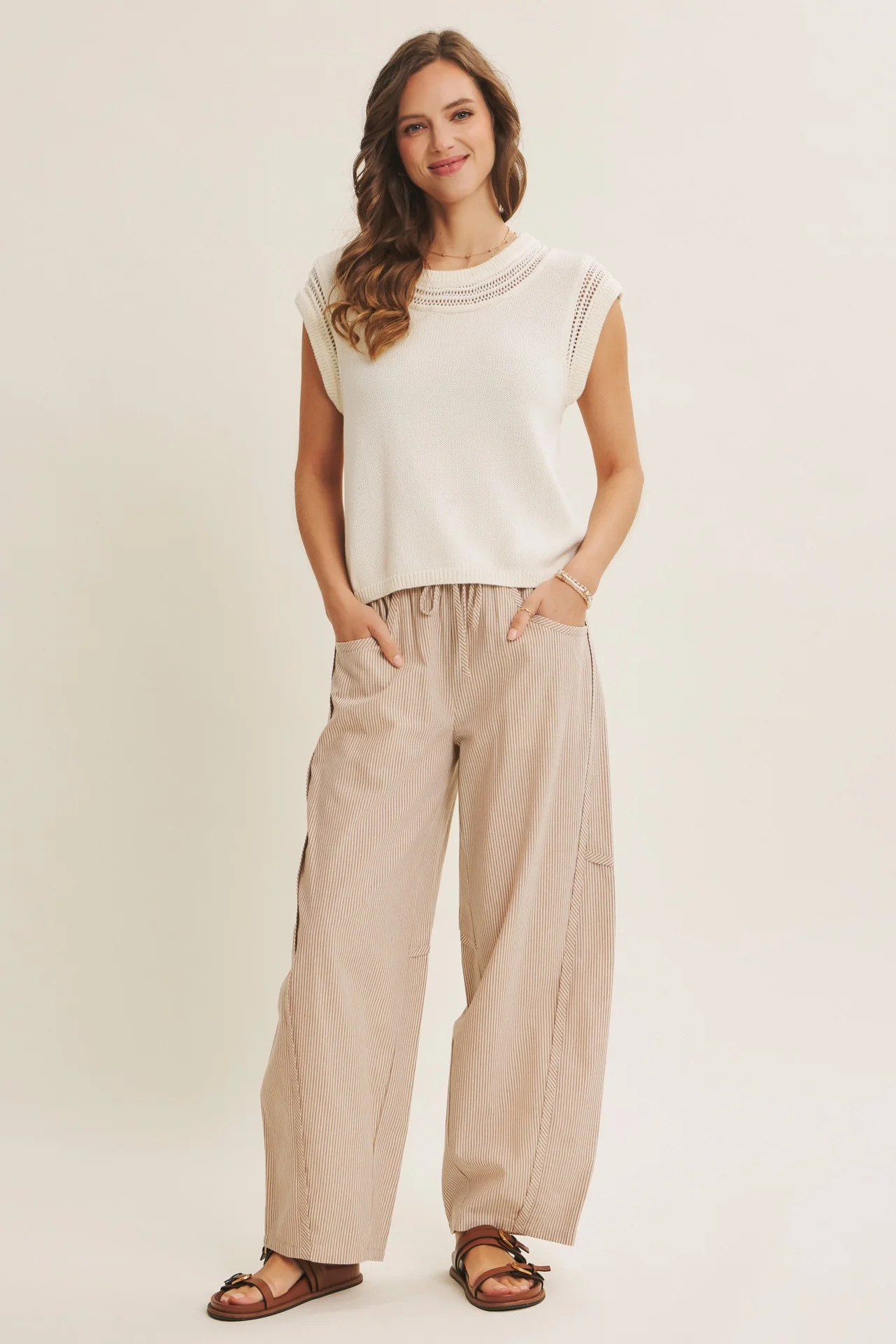 Camel Striped Cotton Barrel Leg Maternity Pants - Image 6