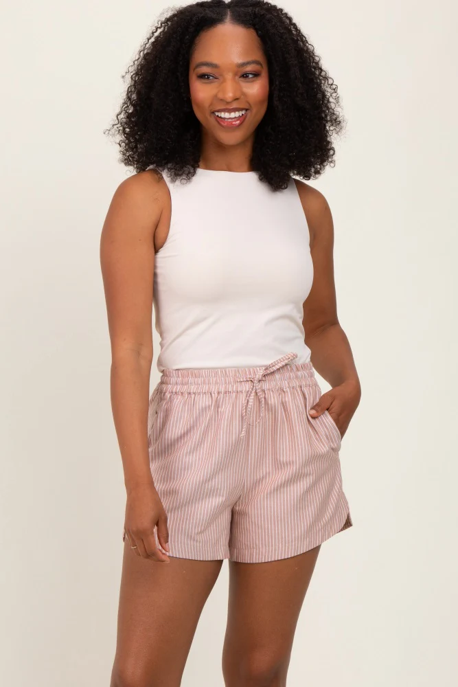Camel Striped Round Hem Drawstring Maternity Shorts - Image 6