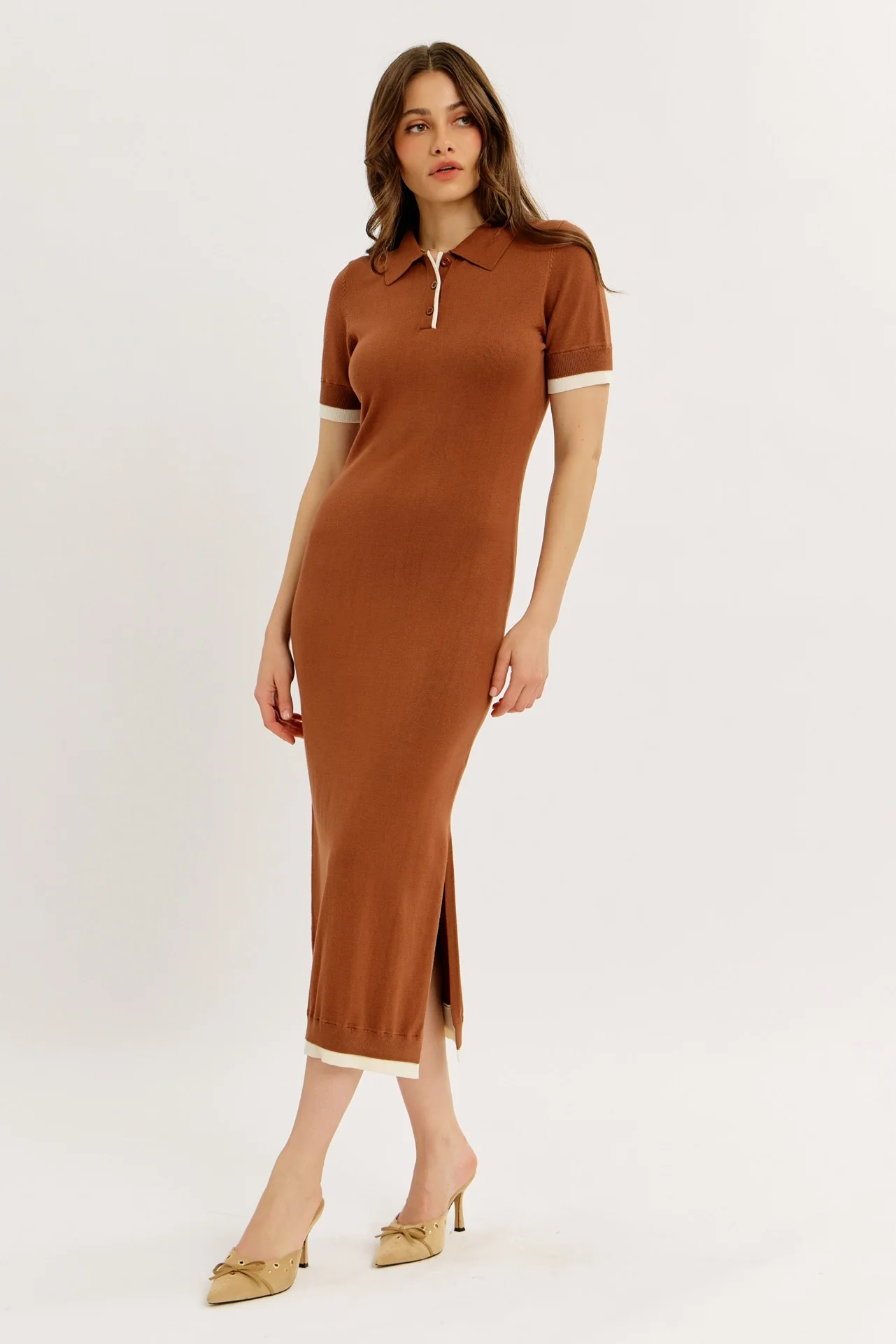 Camel Sweater Side Slit Midi Dress - Image 3