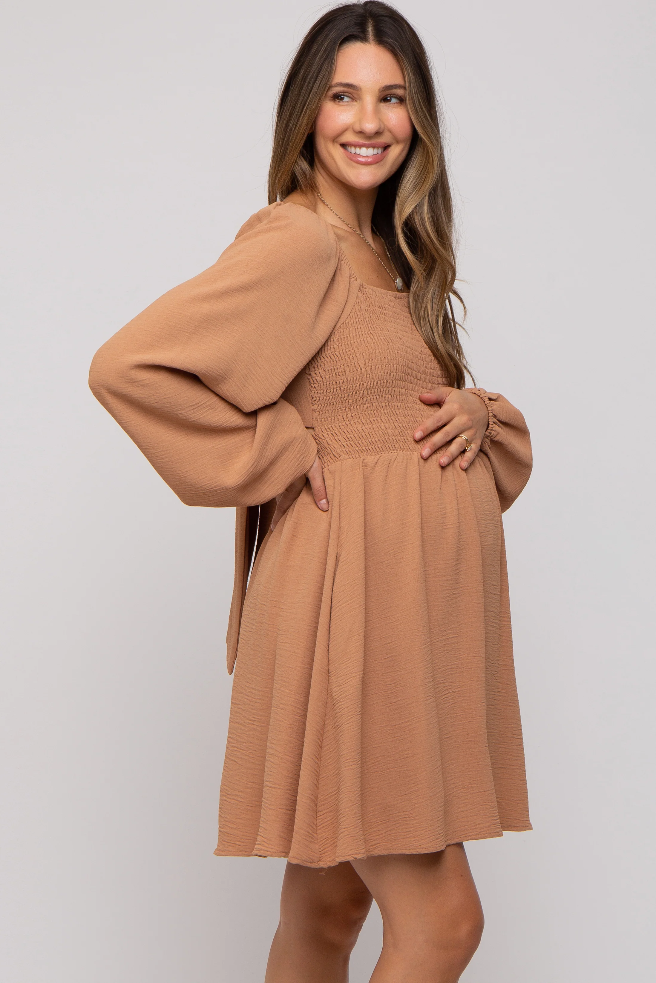 Camel Tie Back Smocked Long Sleeve Maternity Dress - Image 3