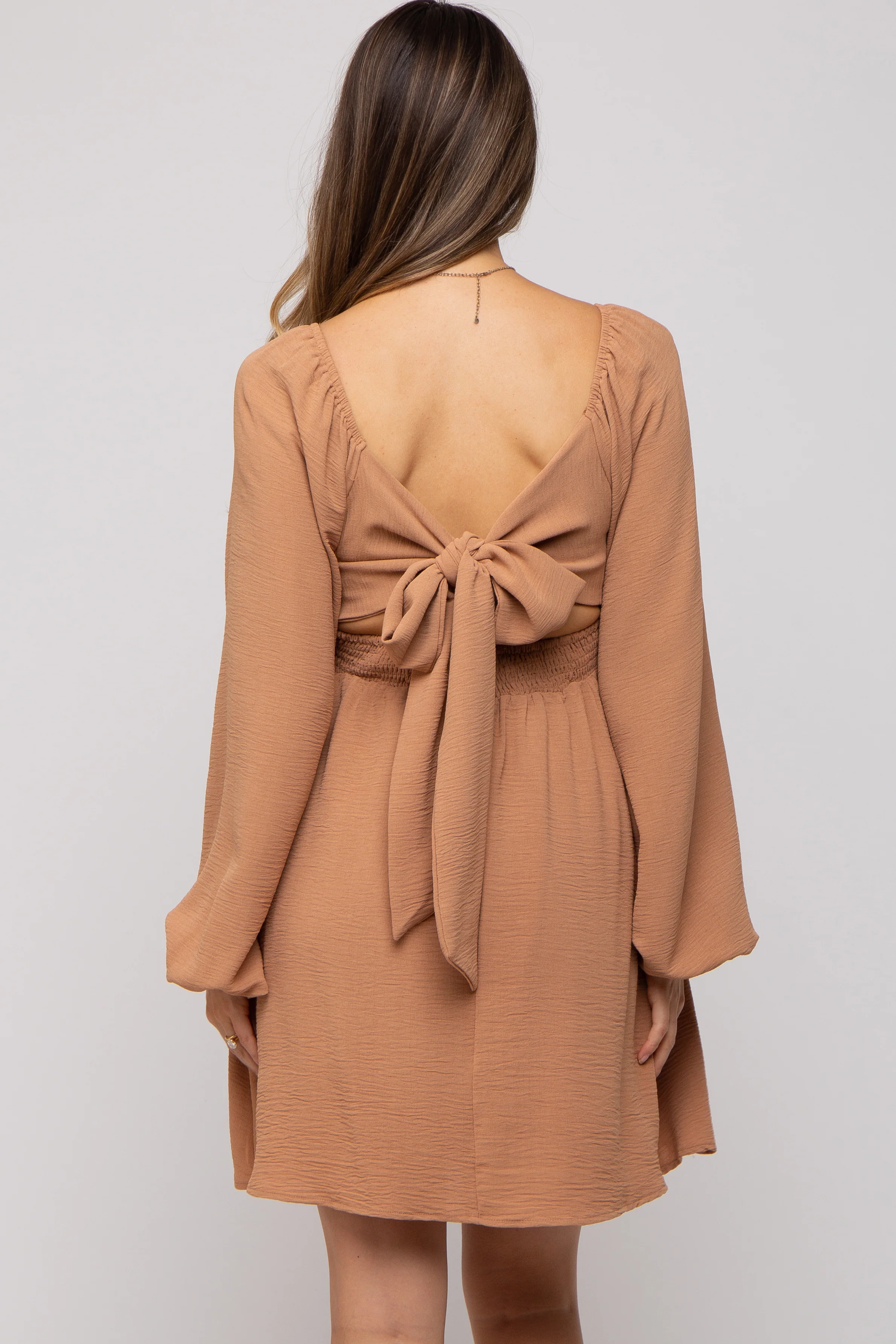Camel Tie Back Smocked Long Sleeve Maternity Dress - Image 4