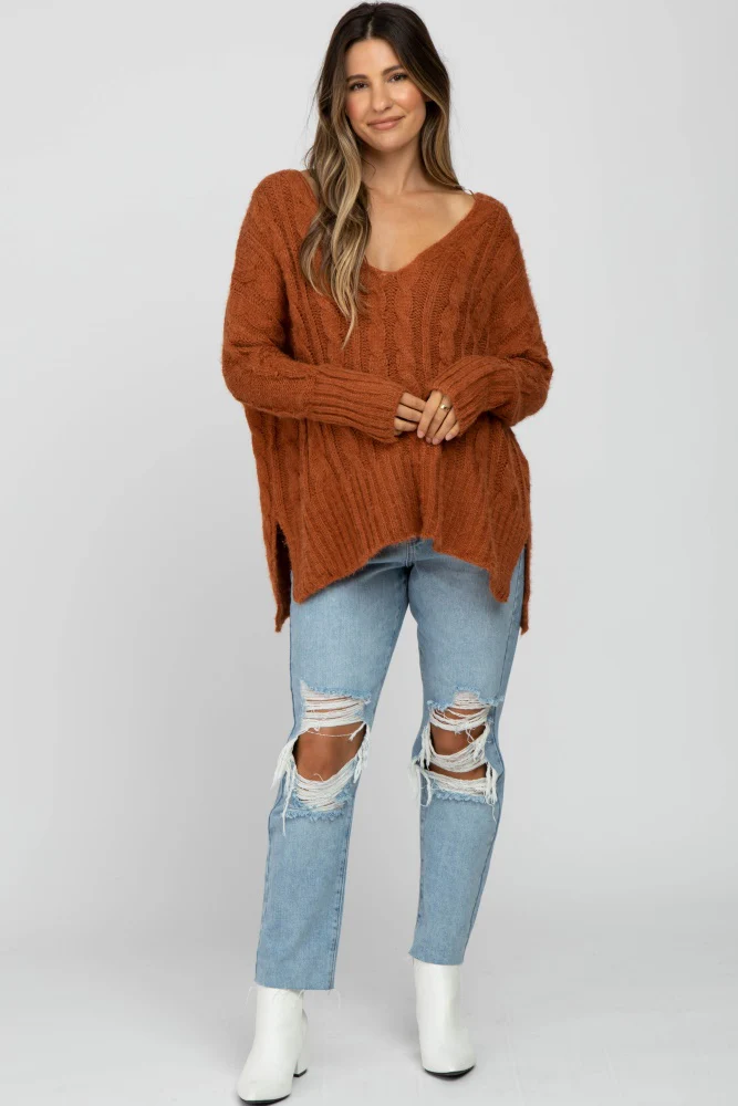 Camel V-Neck Side Slit Cable Knit Maternity Sweater - Image 3