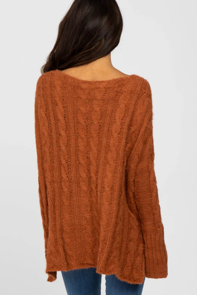 Camel V-Neck Side Slit Cable Knit Sweater - Image 4