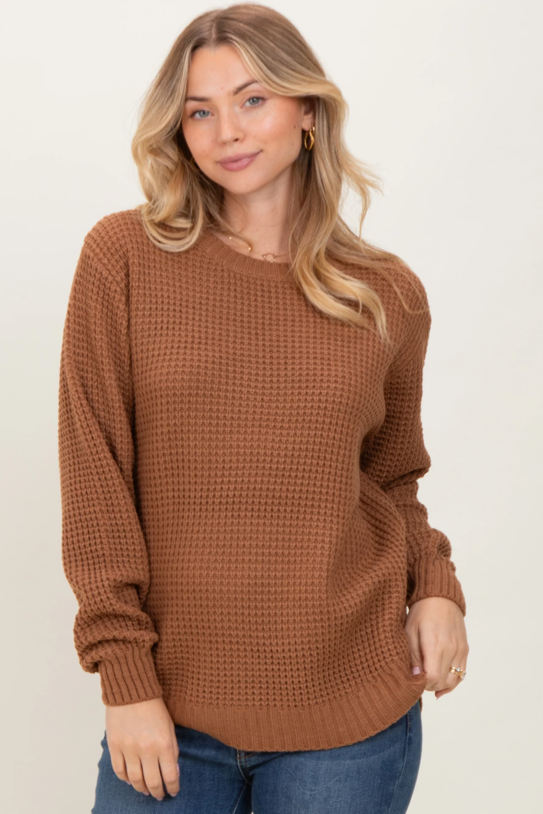 Camel Waffle Knit Rounded Hem Sweater - Image 2