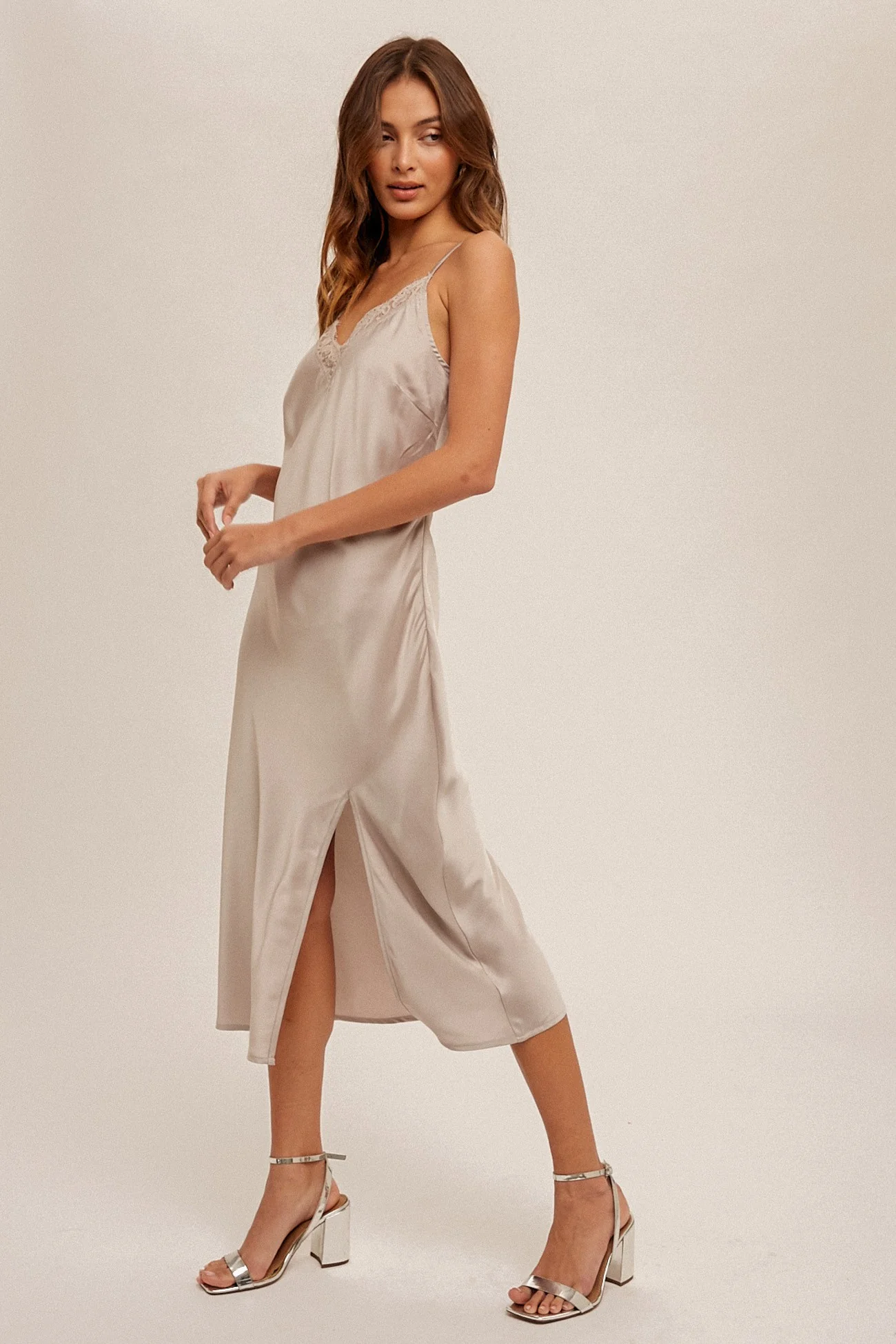 Champagne Lace Trim V Neck Satin Midi Slip Dress - Image 2