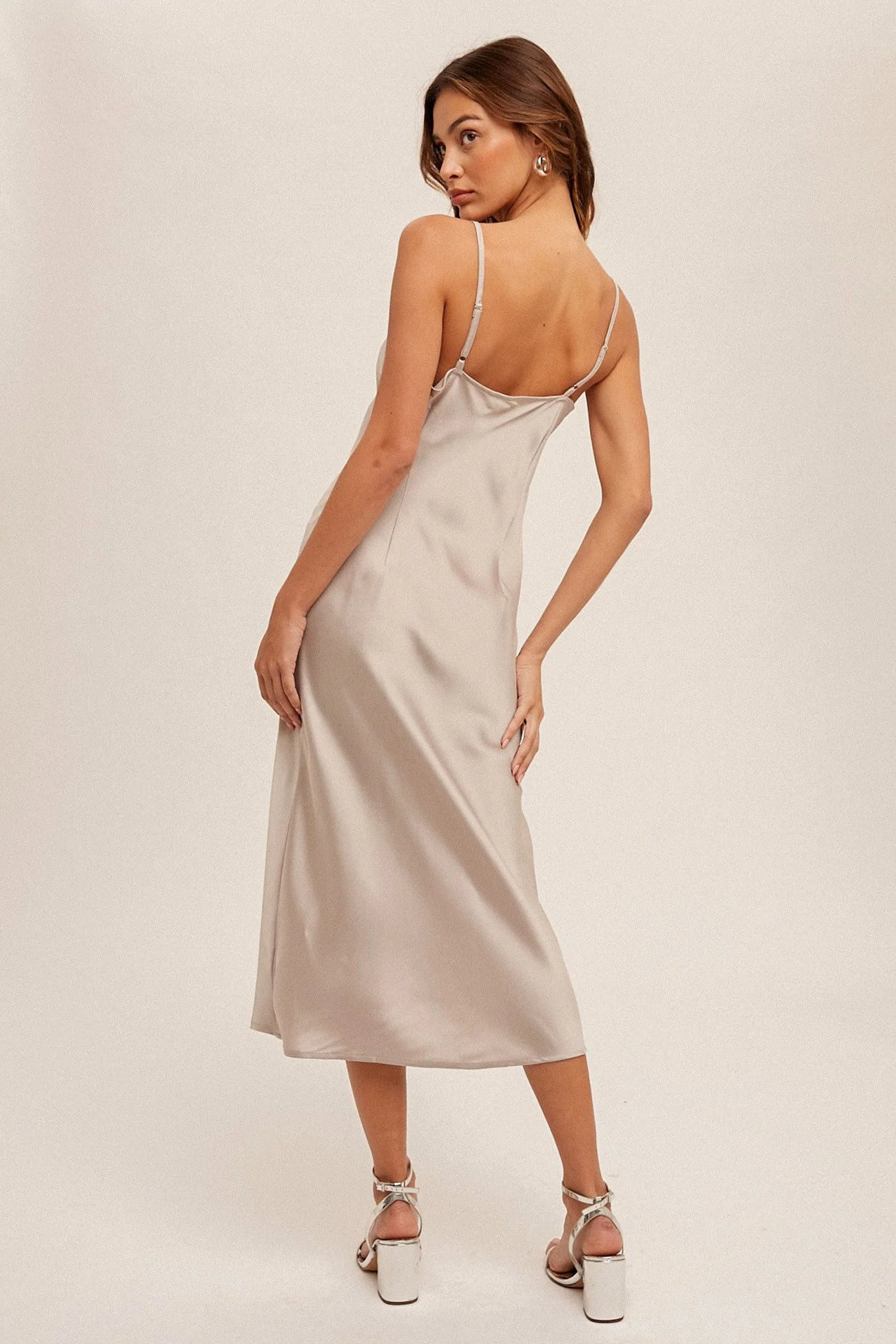 Champagne Lace Trim V Neck Satin Midi Slip Dress - Image 3