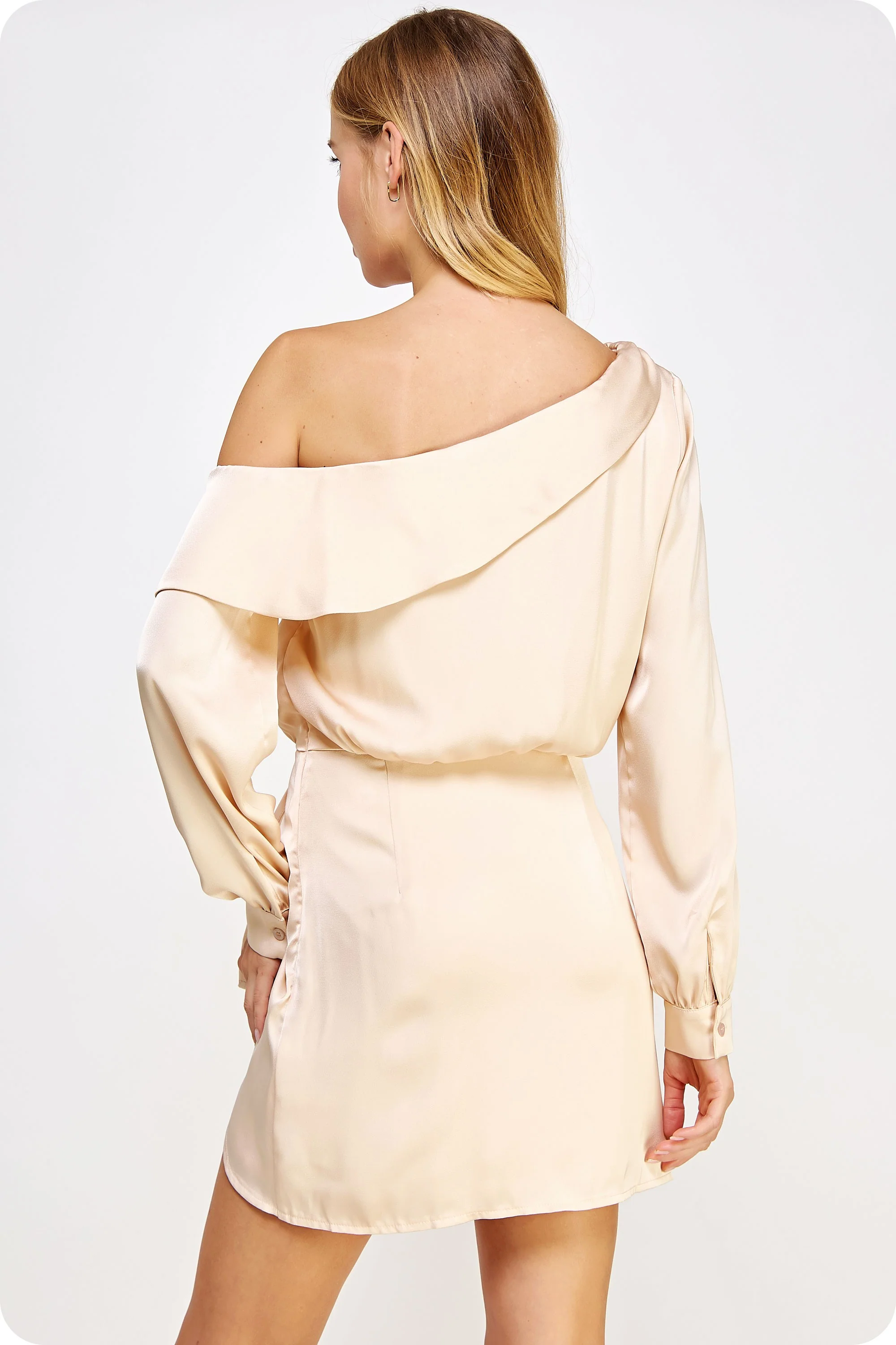 Champagne One Shoulder Draped Satin Mini Dress - Image 3